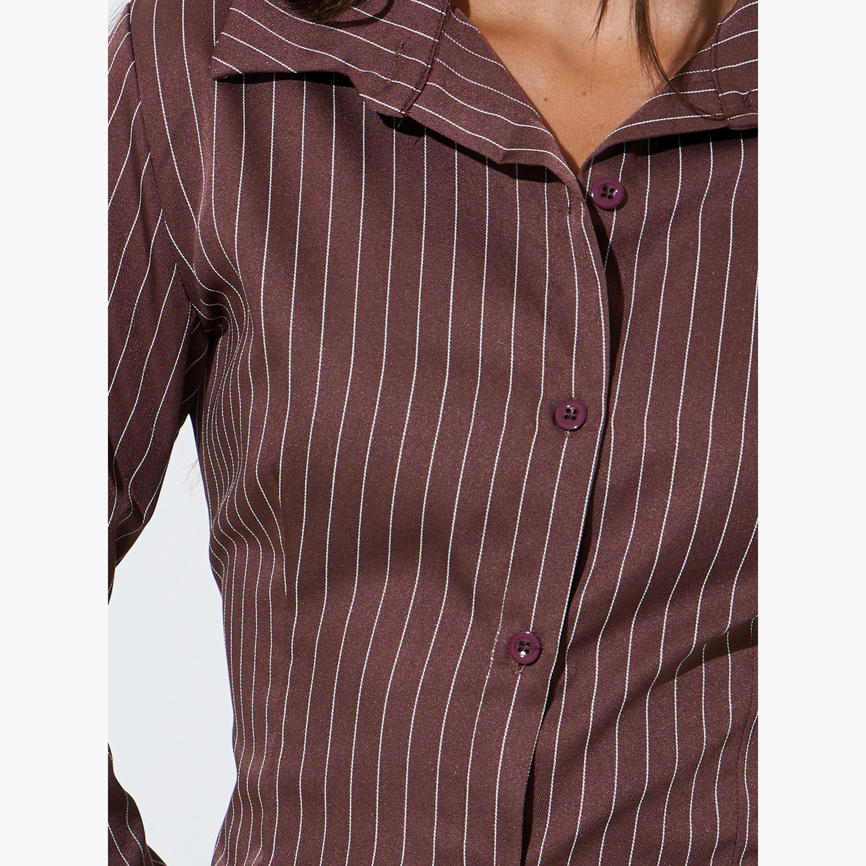 طقم منسق من بنطال بأرجل واسعة وقميص بأكمام طويلة بنمط مخطط لون بني-women-clothing-coordsets-image-6