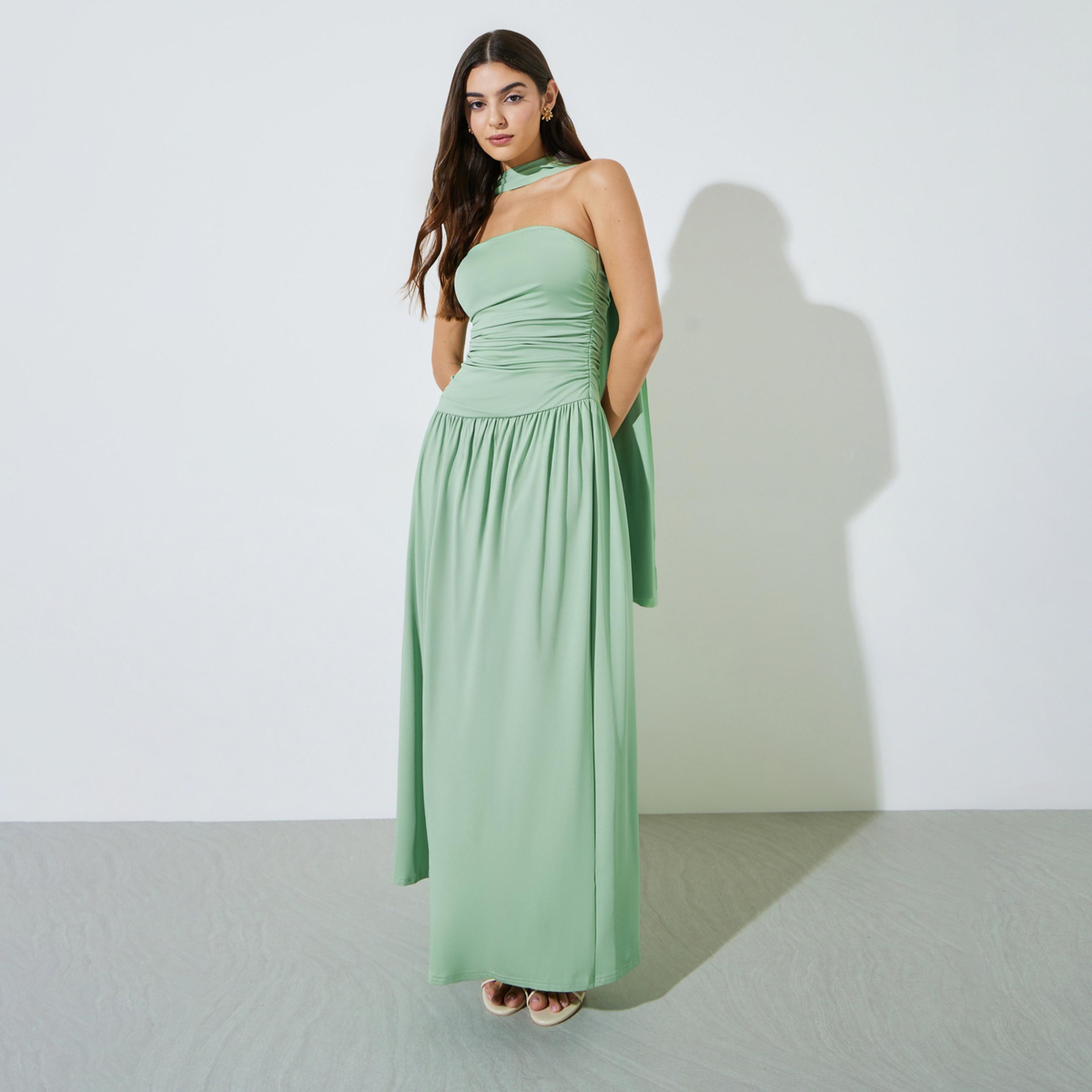 Styli Green Solid Ruched Sleeveless Maxi Dress with Scarf-women-clothing-dresses-image-1