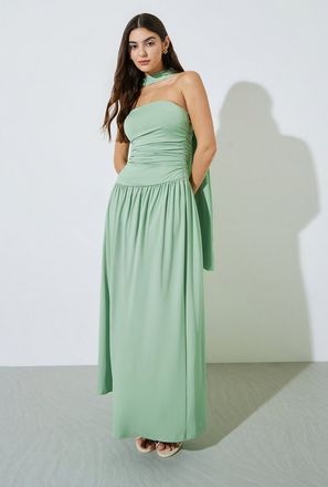 فستان طويل بلا أكمام بكشكش سادة مع وشاح-women-clothing-image-1