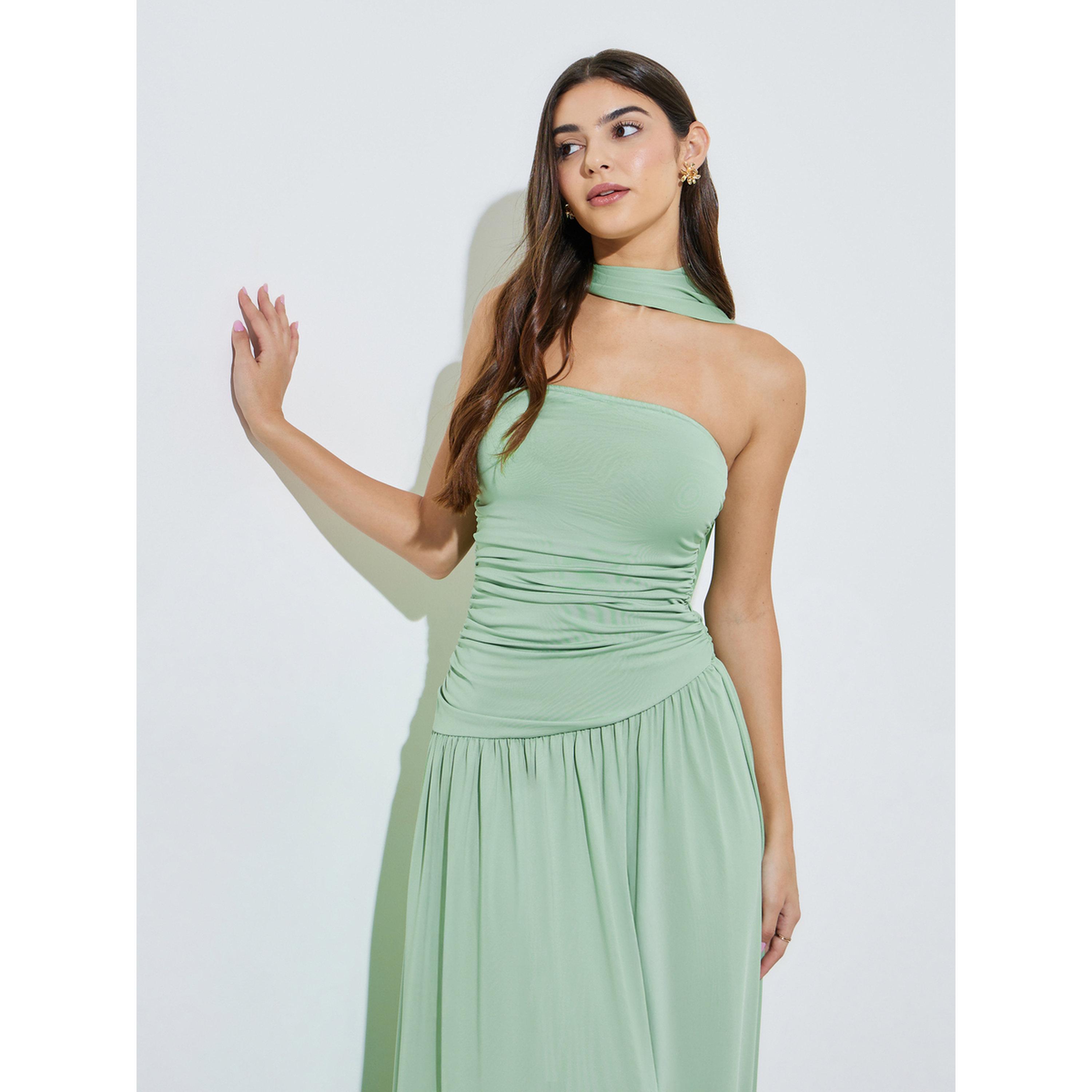 Styli Green Solid Ruched Sleeveless Maxi Dress with Scarf-women-clothing-dresses-image-2