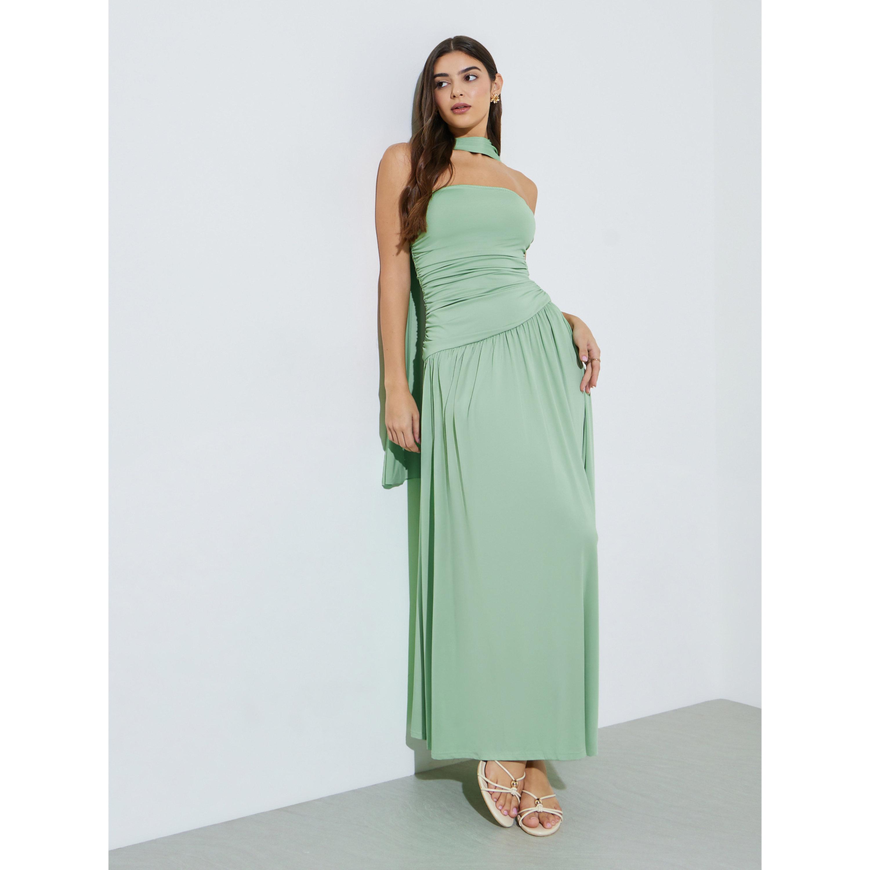 فستان طويل بلا أكمام بكشكش سادة مع وشاح-women-clothing-dresses-image-3
