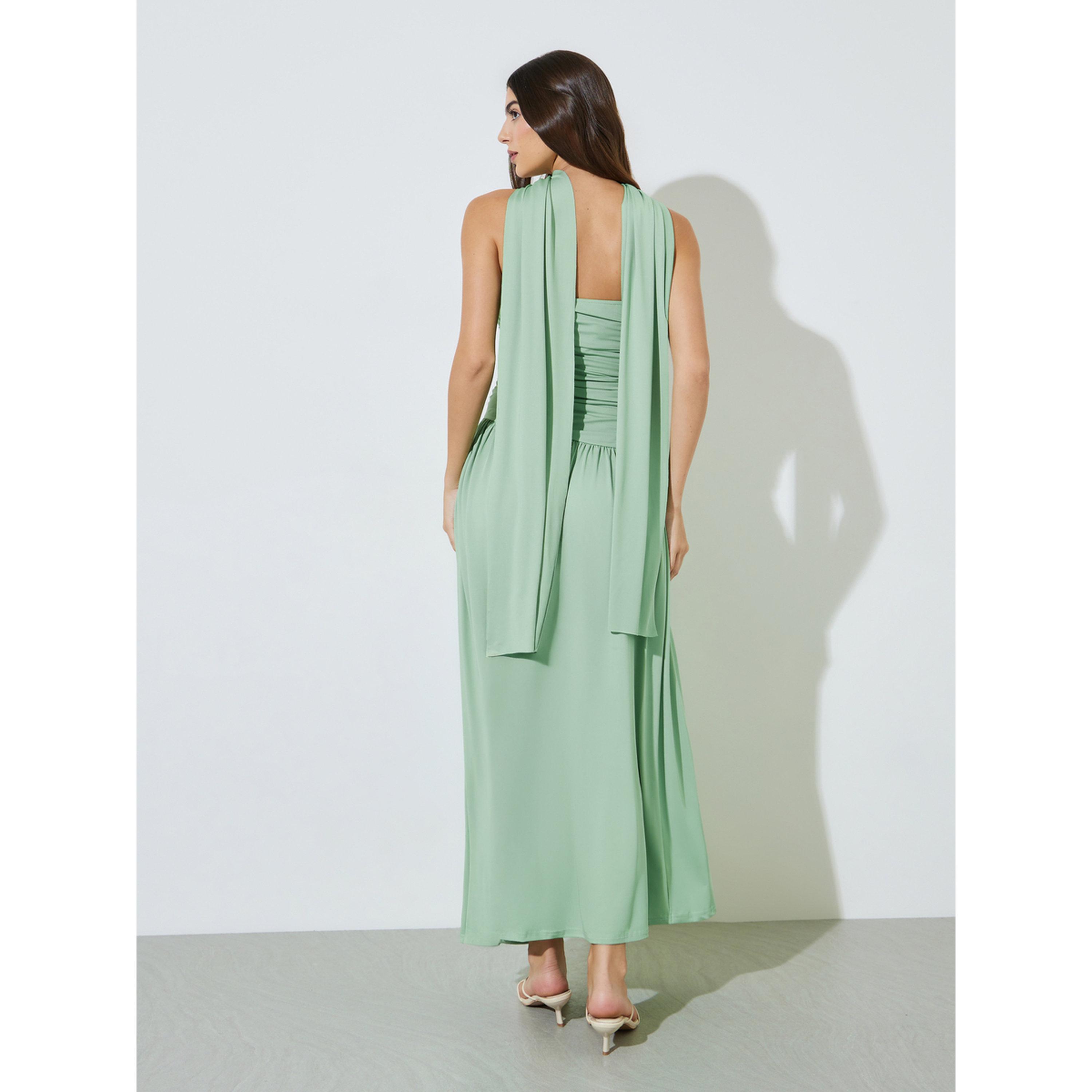 Styli Green Solid Ruched Sleeveless Maxi Dress with Scarf-women-clothing-dresses-image-4