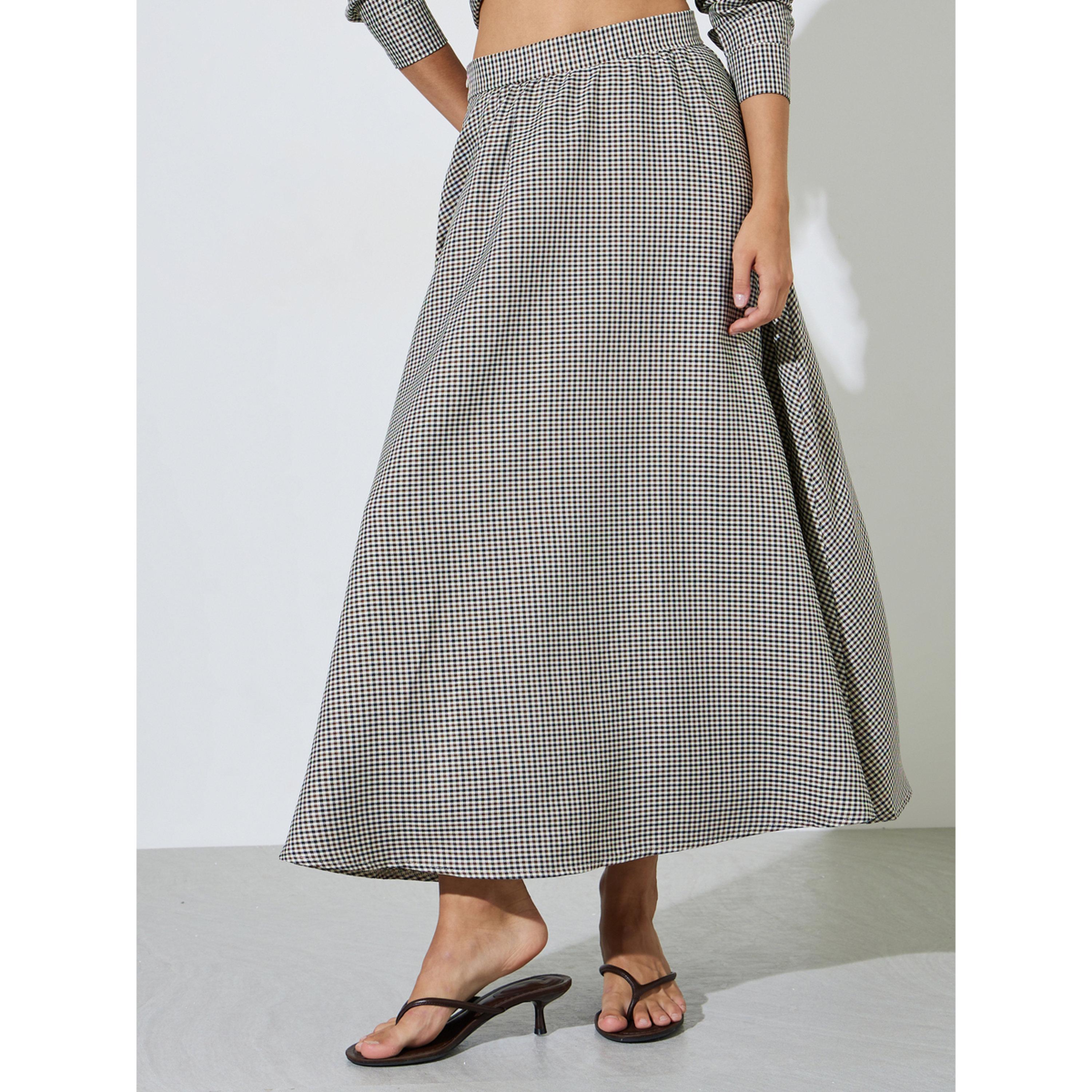Styli Brown Mini Checked A-Line Maxi Skirt-women-clothing-skirts-image-1