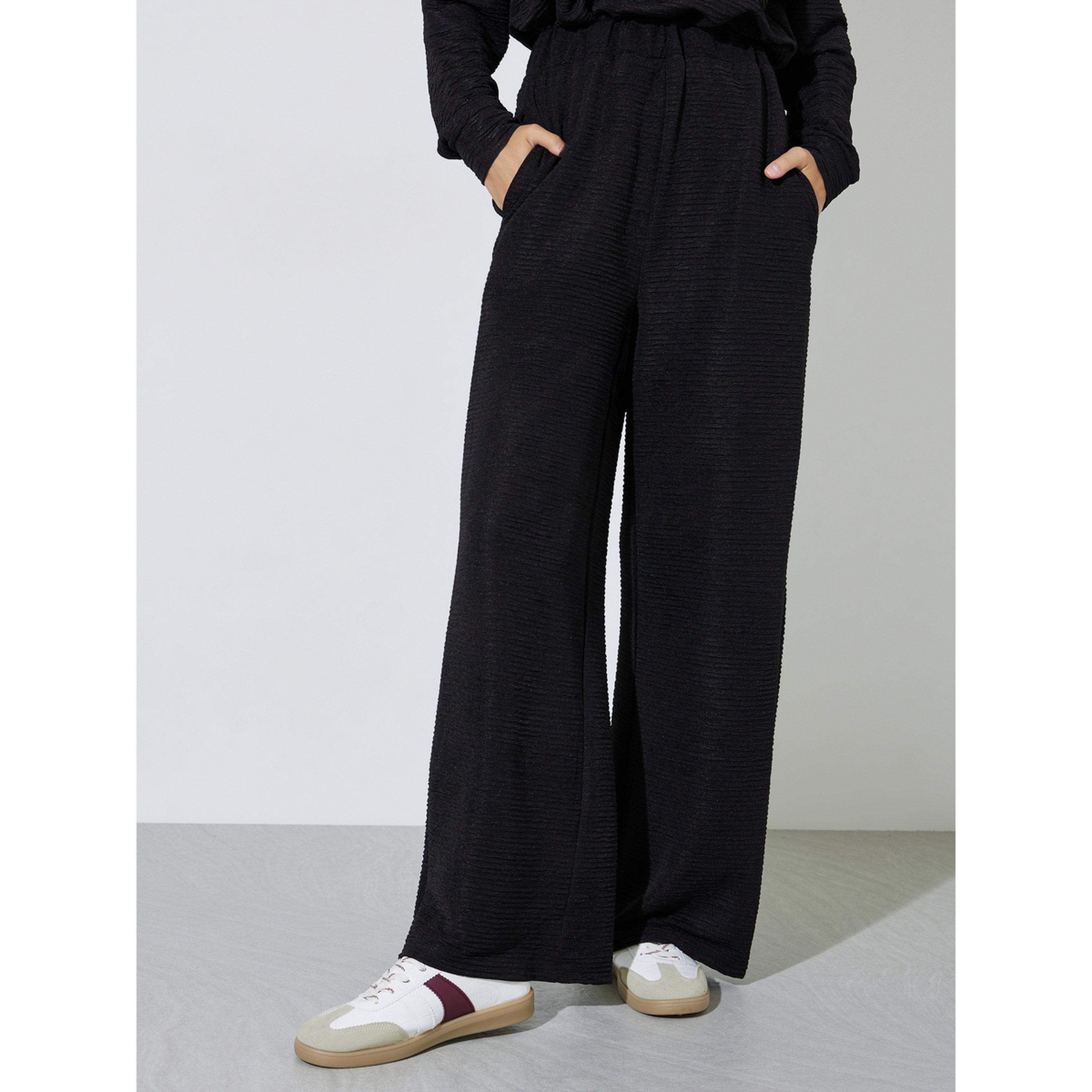 Styli Black Textured Wide Leg Pants-women-clothing-joggers-image-1
