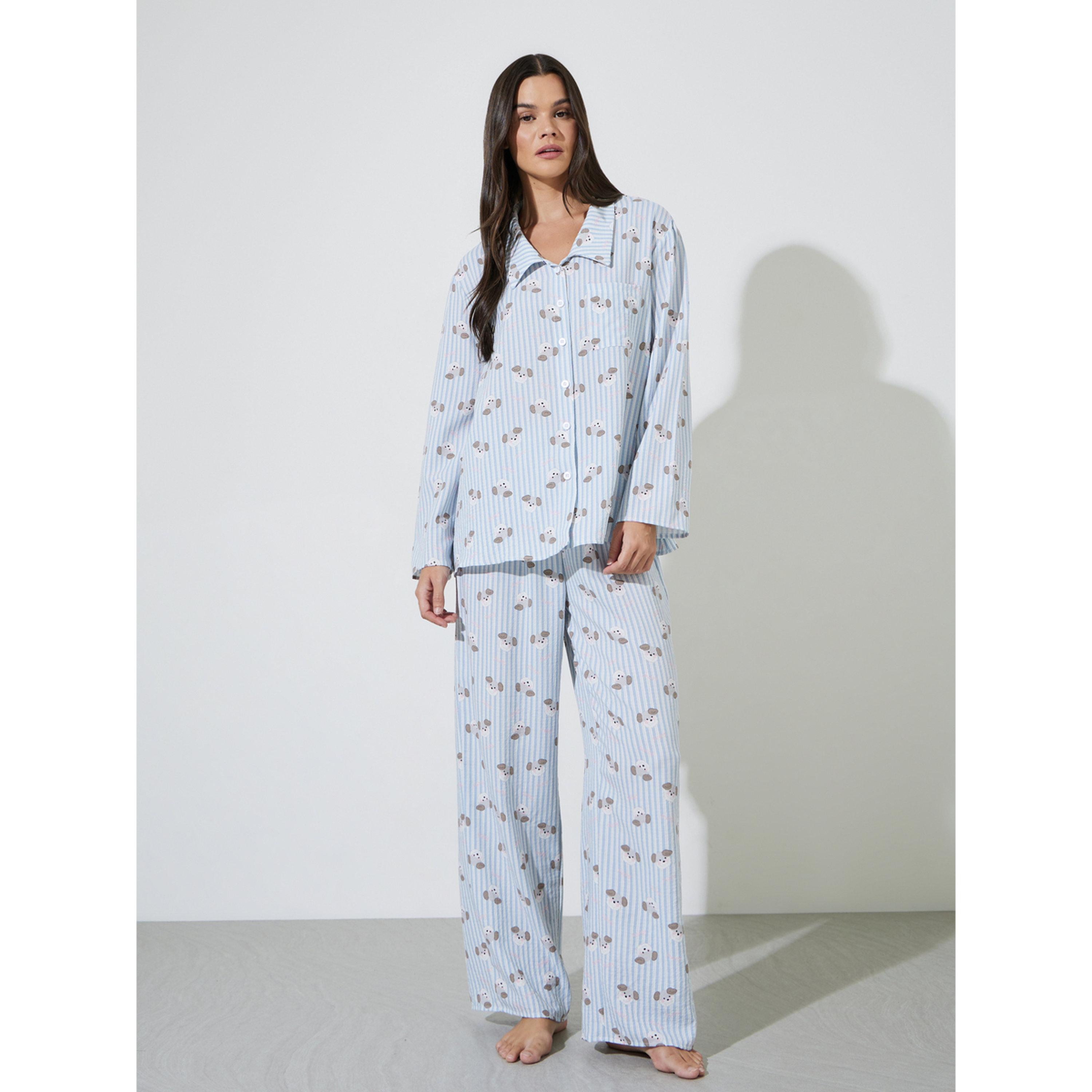 Styli Blue Striped Bear Print Shirt and Straight Pyjama Set-women-clothing-nightwear-pyjamas-longsets-image-1