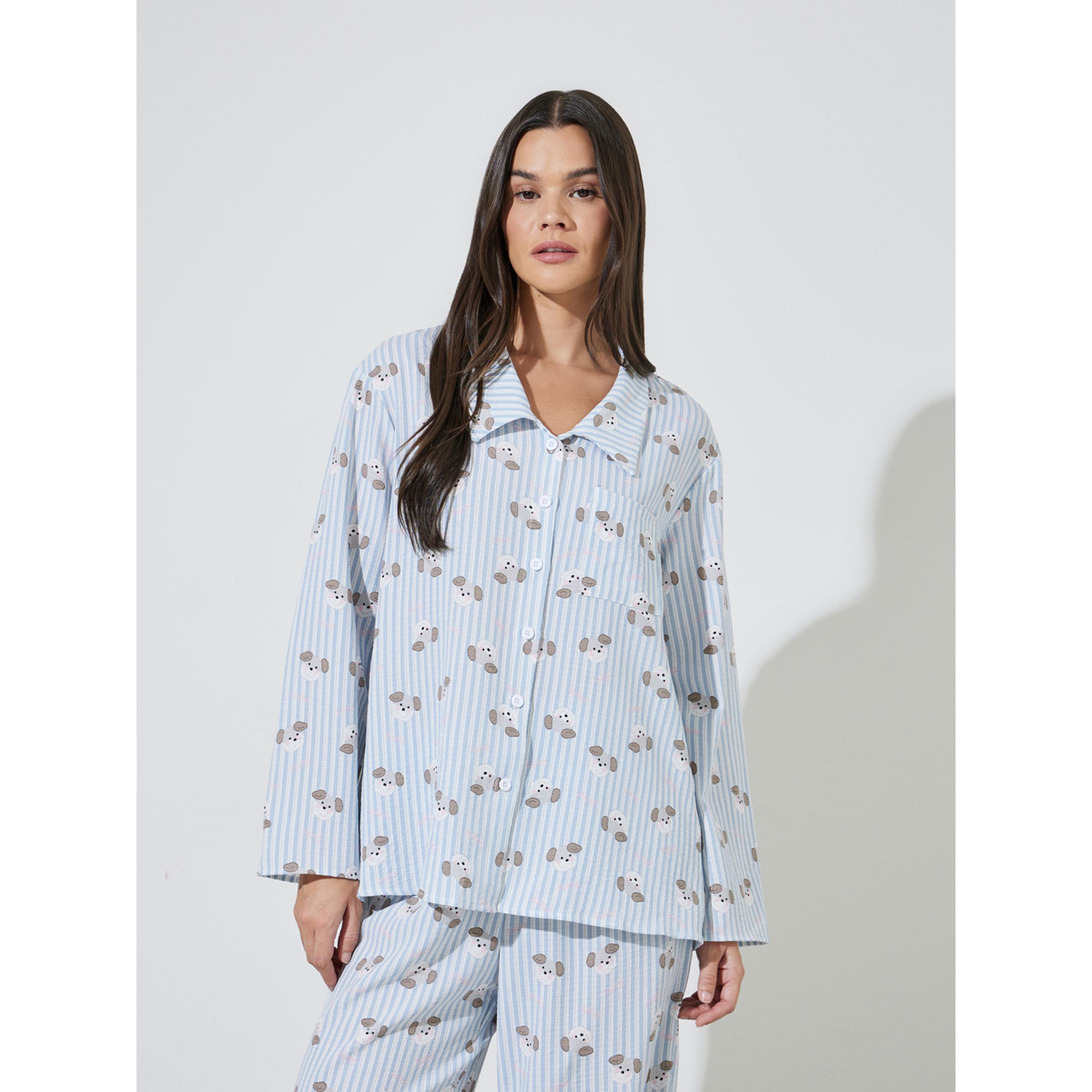 Styli Blue Striped Bear Print Shirt and Straight Pyjama Set-women-clothing-nightwear-pyjamas-longsets-image-2