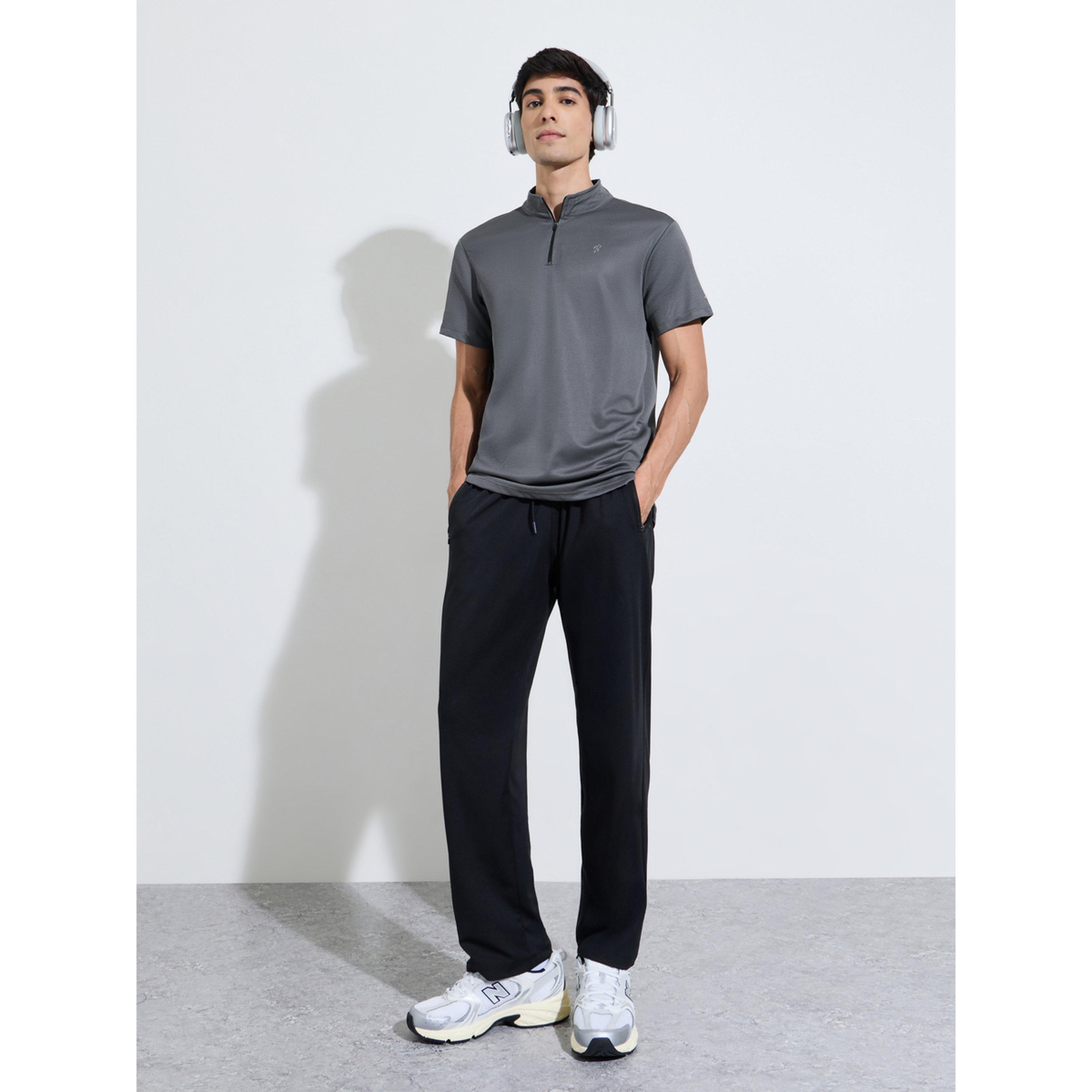 Styli Charcoal Solid High Neck Zip Active T-Shirt-men-clothing-sportswearandactivewear-tshirtsandpolos-image-2
