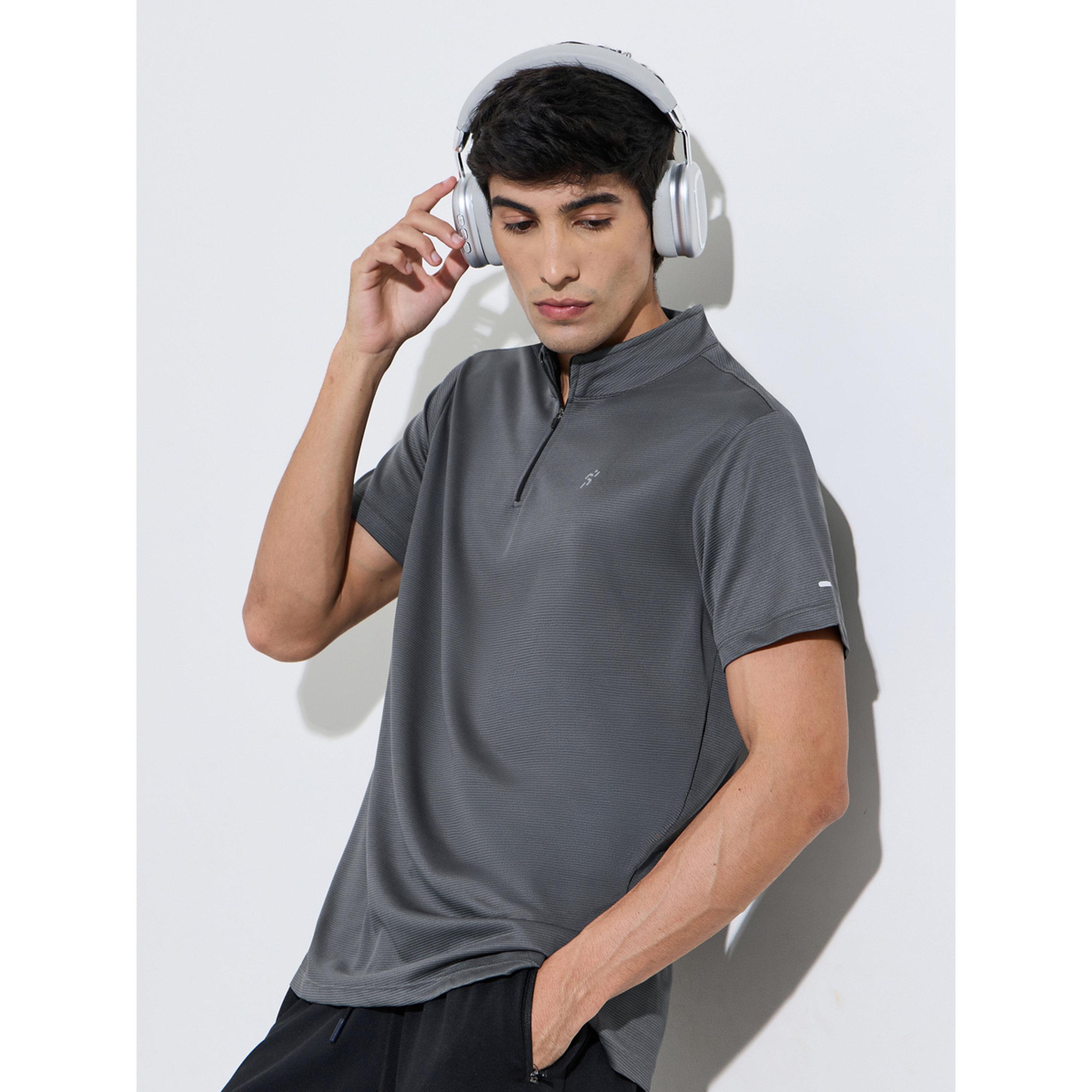 Styli Charcoal Solid High Neck Zip Active T-Shirt-men-clothing-sportswearandactivewear-tshirtsandpolos-image-4