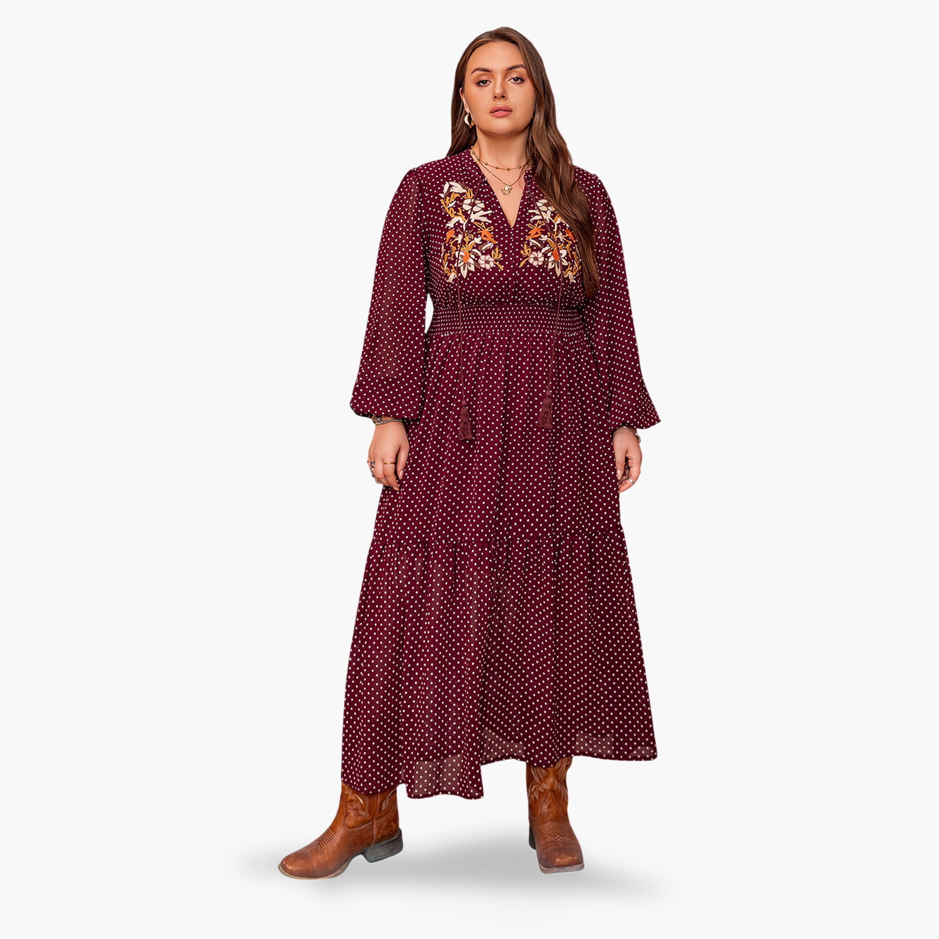 فستان طويل بحافة واسعة بمقاس كبير بطبعة نقاط بولكا بورغندي-women-clothing-dresses-image-1