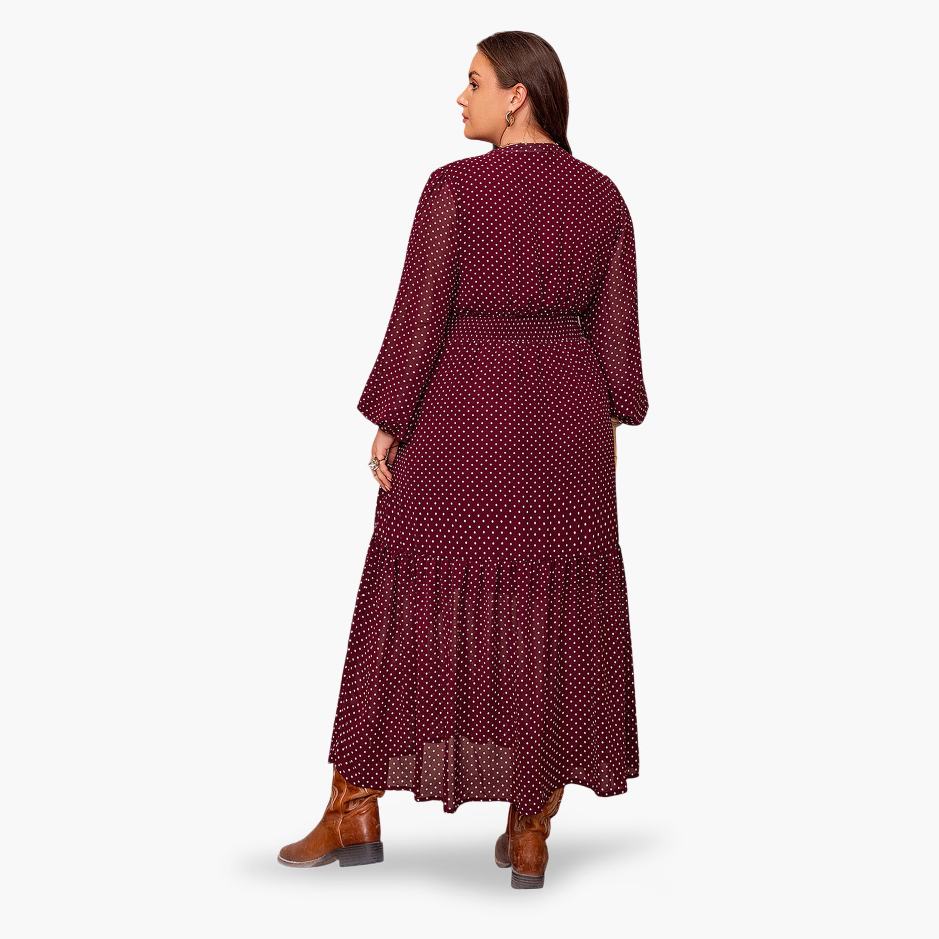 فستان طويل بحافة واسعة بمقاس كبير بطبعة نقاط بولكا بورغندي-women-clothing-dresses-image-2