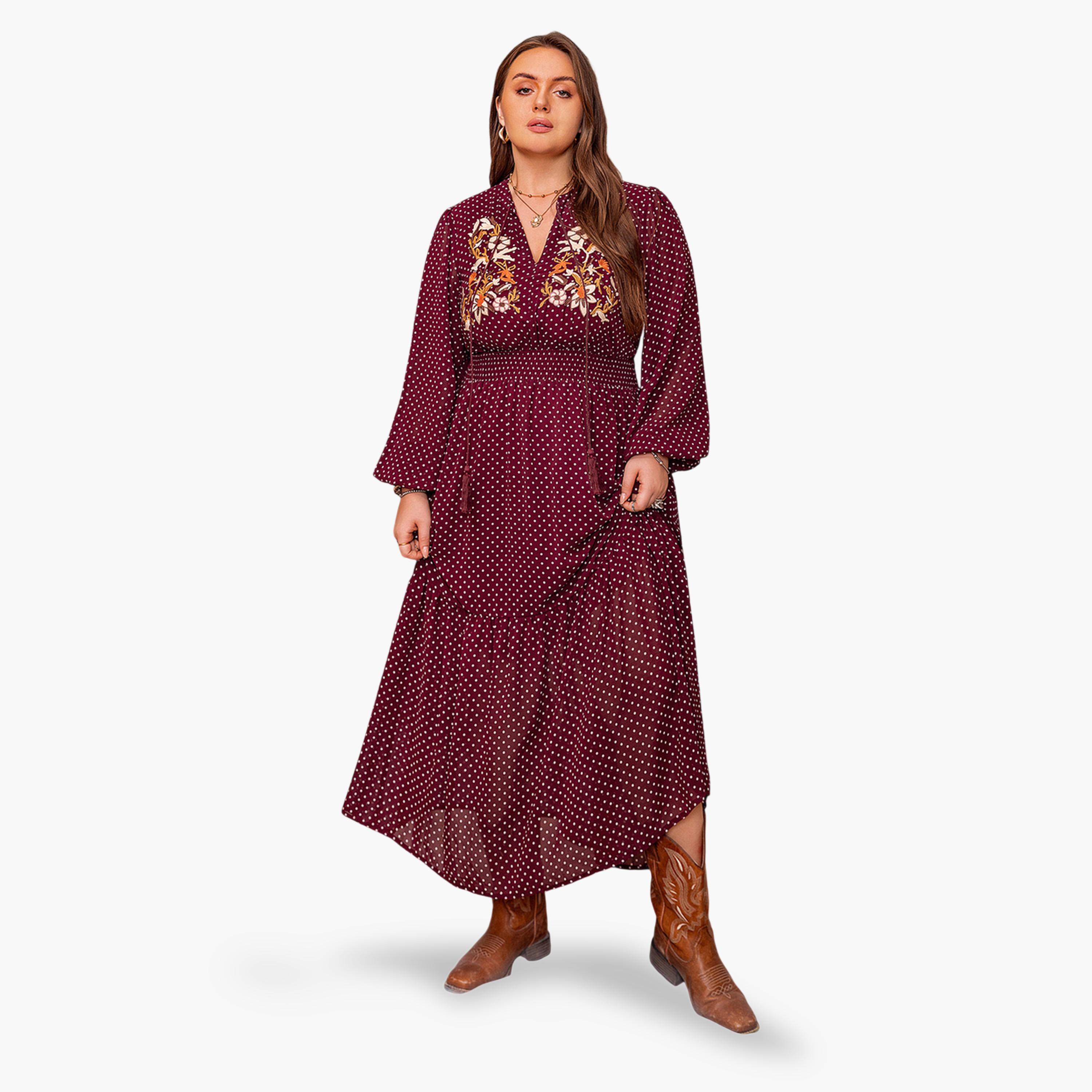 فستان طويل بحافة واسعة بمقاس كبير بطبعة نقاط بولكا بورغندي-women-clothing-dresses-image-3