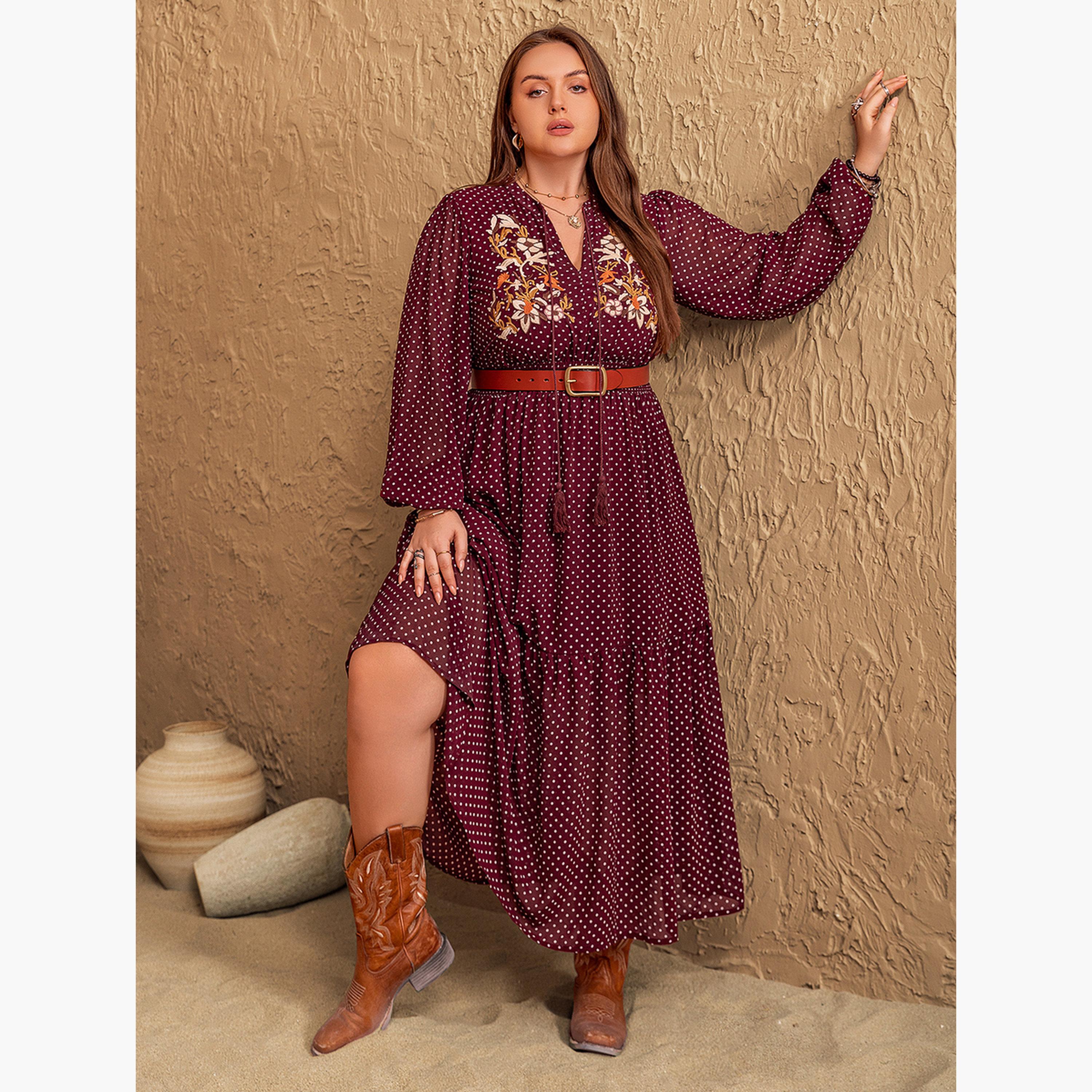فستان طويل بحافة واسعة بمقاس كبير بطبعة نقاط بولكا بورغندي-women-clothing-dresses-image-4
