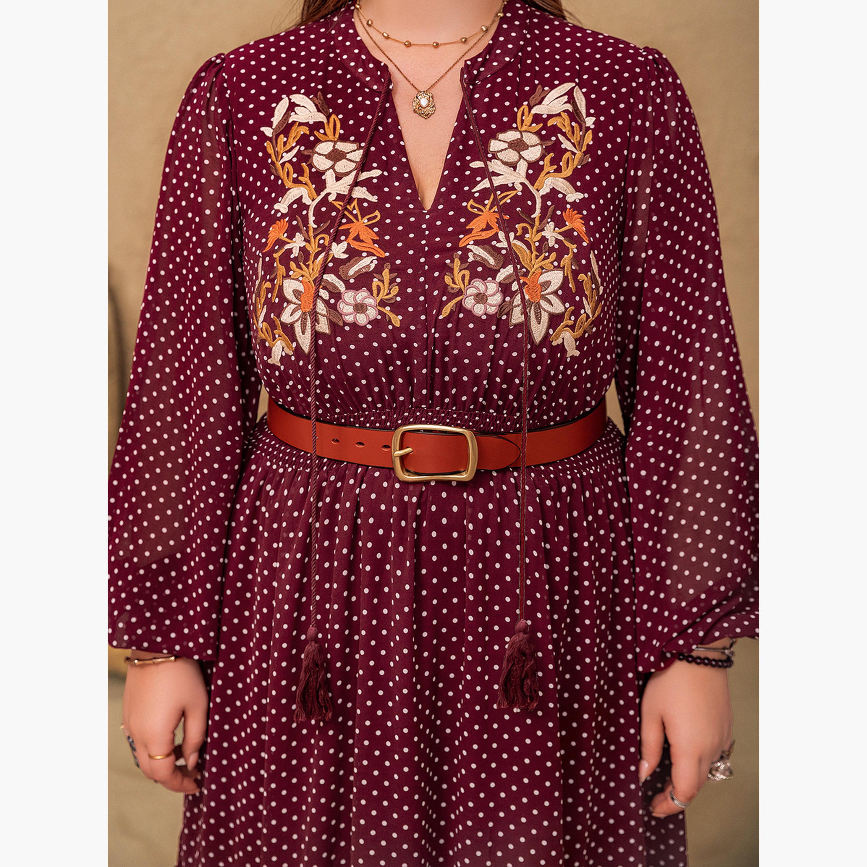 فستان طويل بحافة واسعة بمقاس كبير بطبعة نقاط بولكا بورغندي-women-clothing-dresses-image-5
