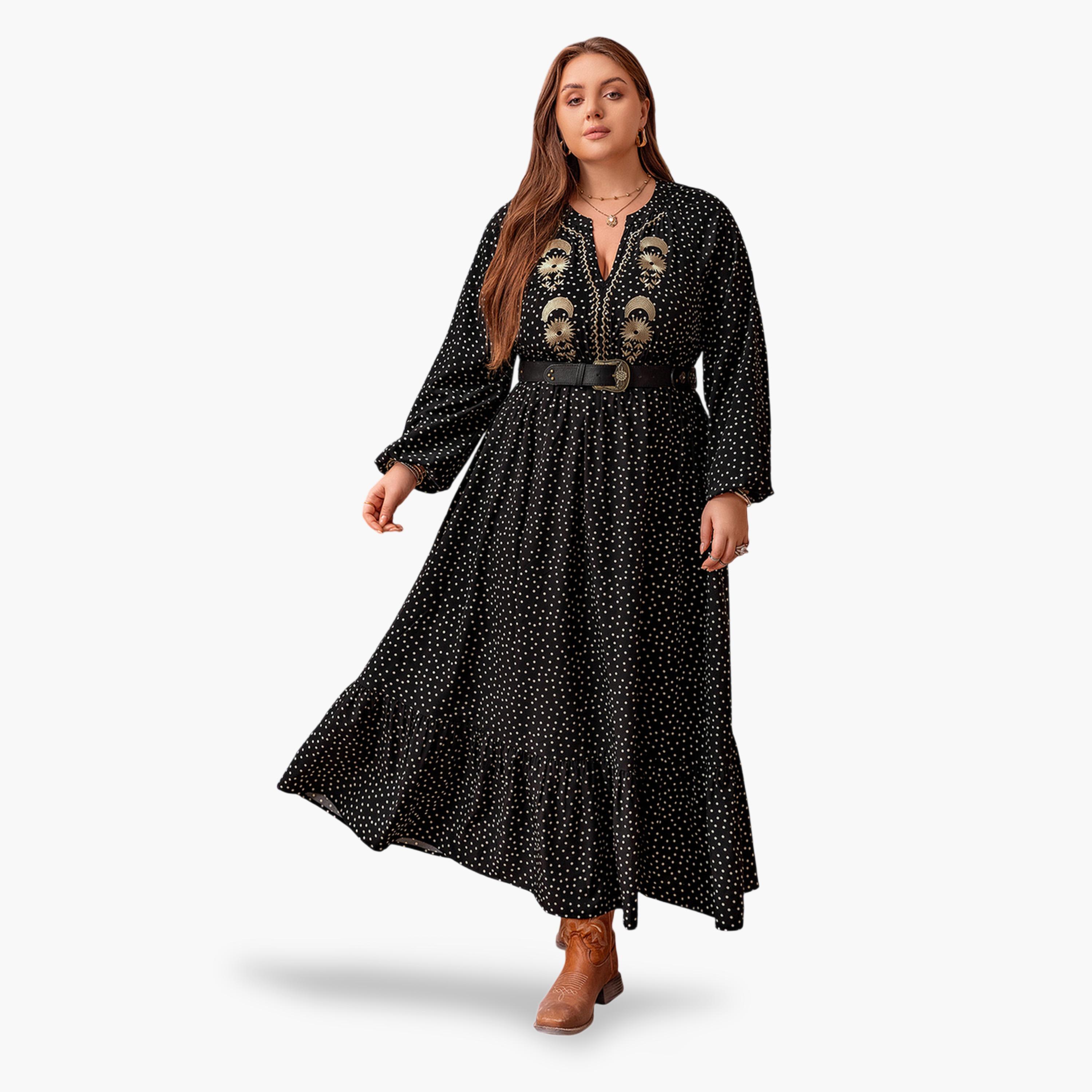 فستان طويل بحافة واسعة بمقاس كبير بطبعة نقاط بولكا بورغندي-women-clothing-dresses-image-1