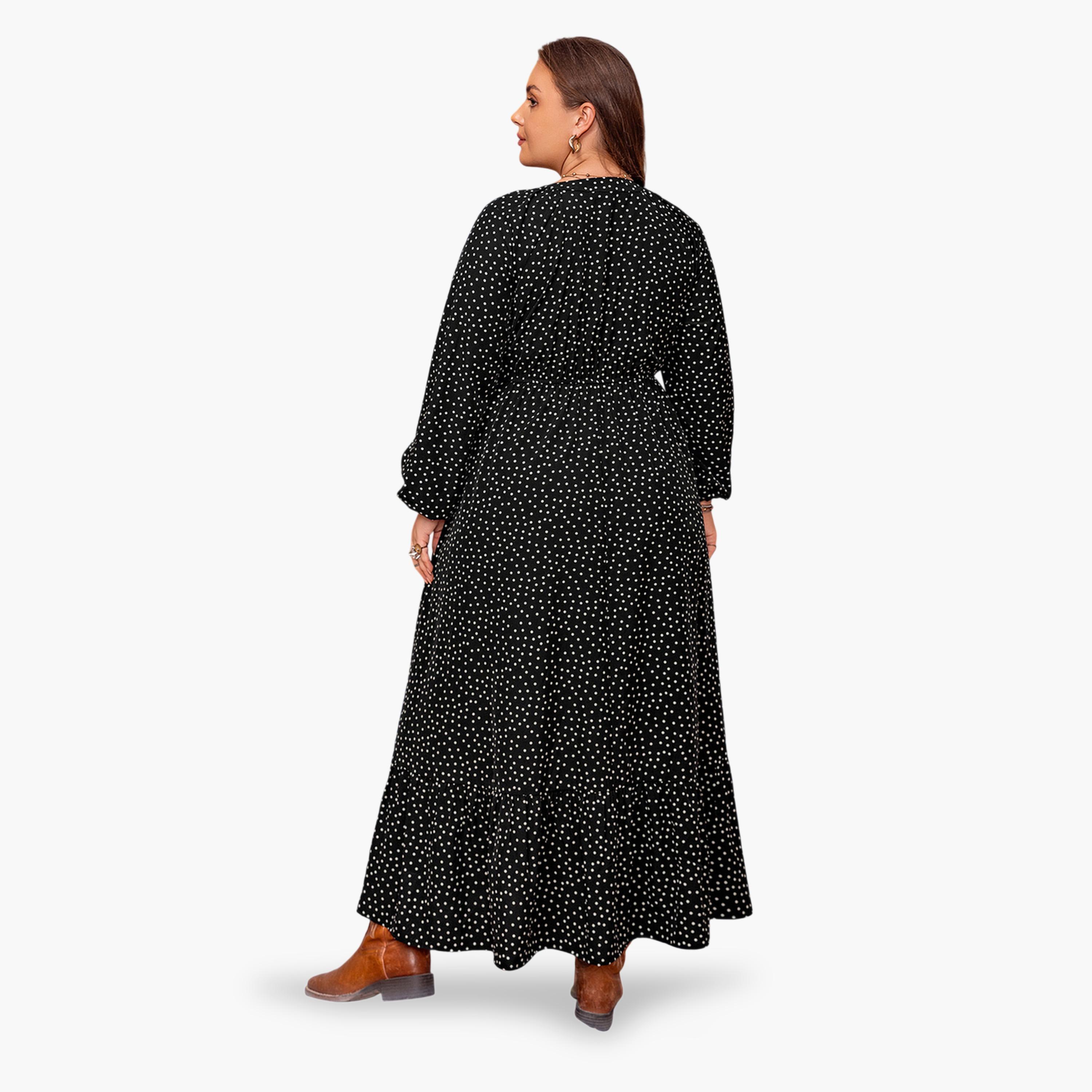 فستان طويل بحافة واسعة بمقاس كبير بطبعة نقاط بولكا بورغندي-women-clothing-dresses-image-2