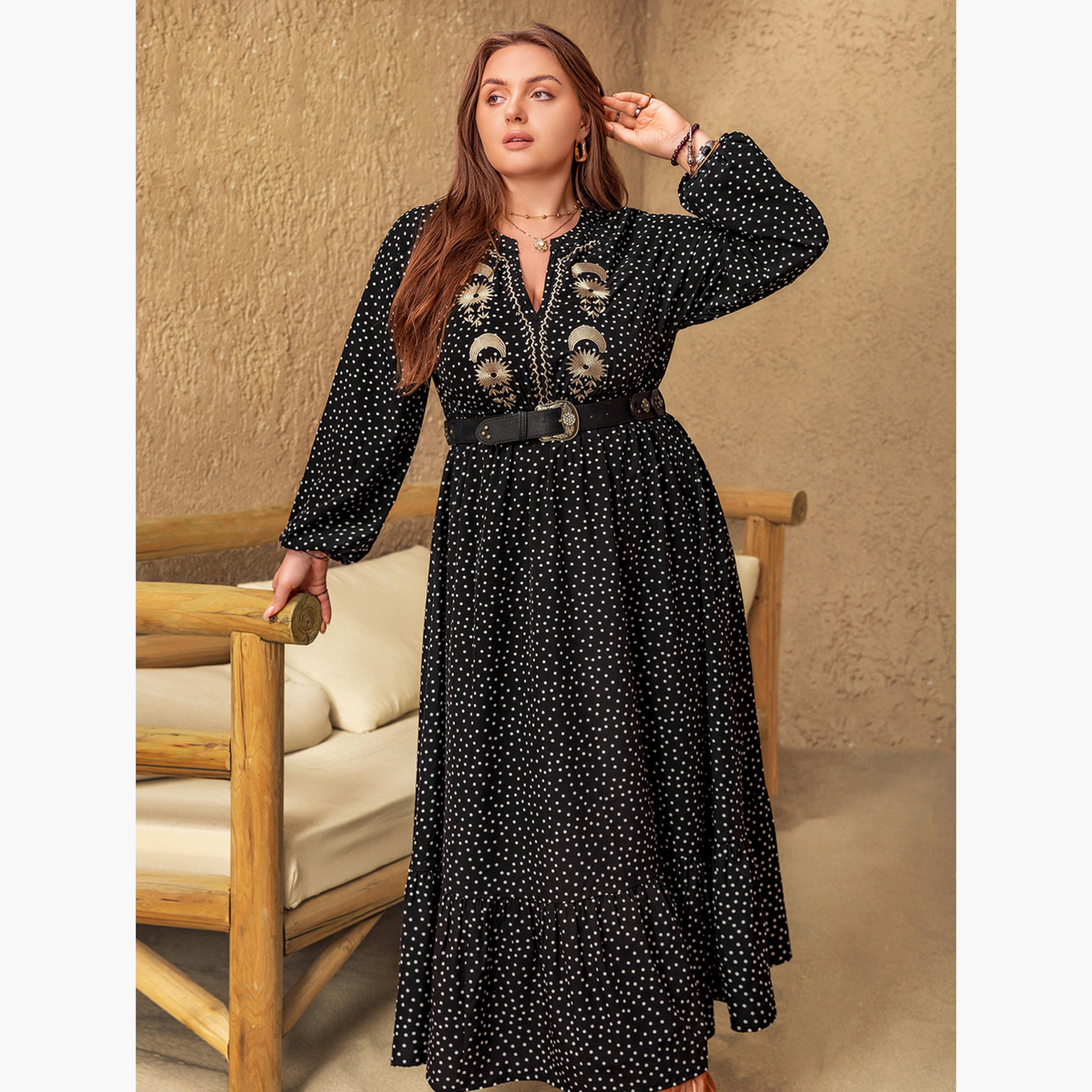 فستان طويل بحافة واسعة بمقاس كبير بطبعة نقاط بولكا بورغندي-women-clothing-dresses-image-3