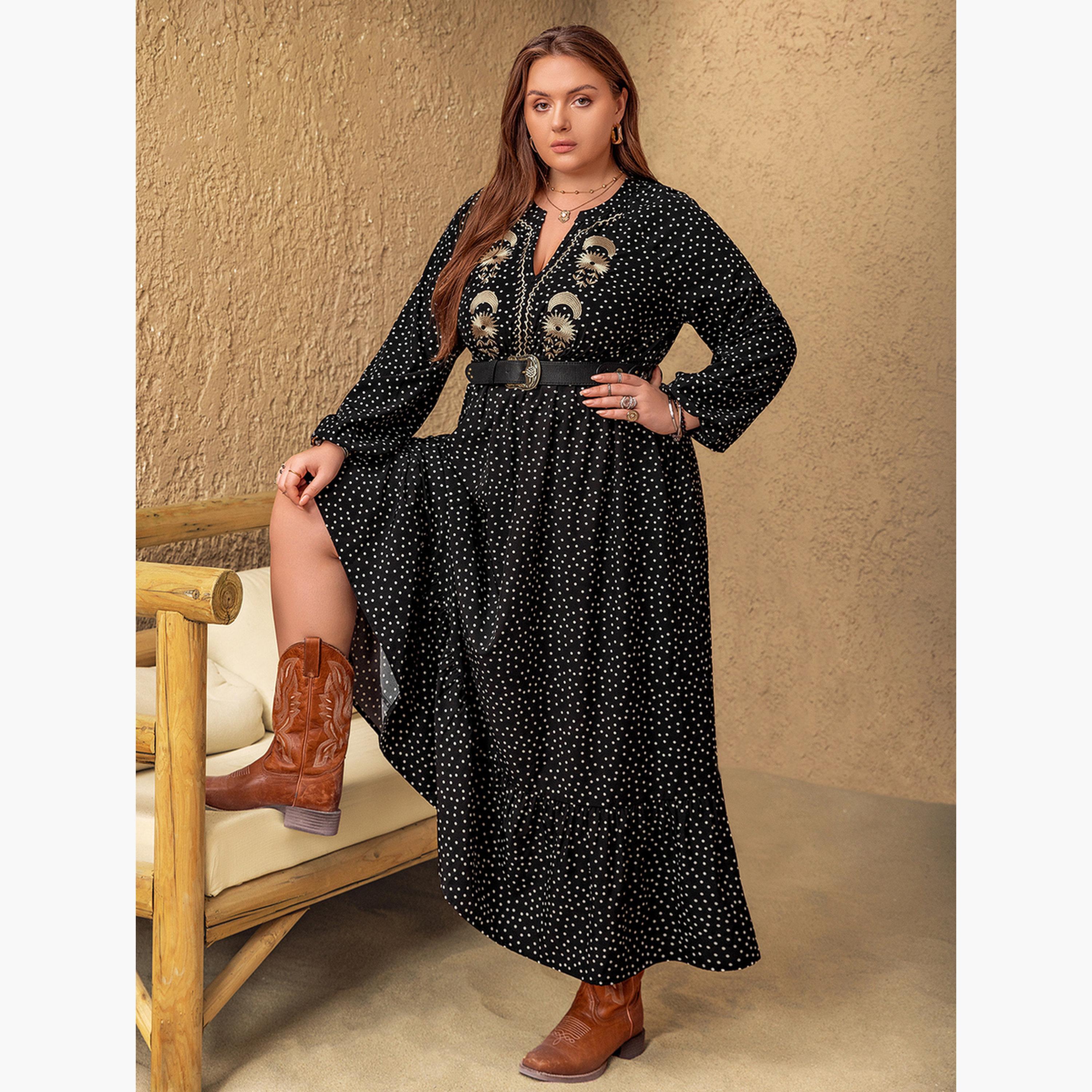 فستان طويل بحافة واسعة بمقاس كبير بطبعة نقاط بولكا بورغندي-women-clothing-dresses-image-4