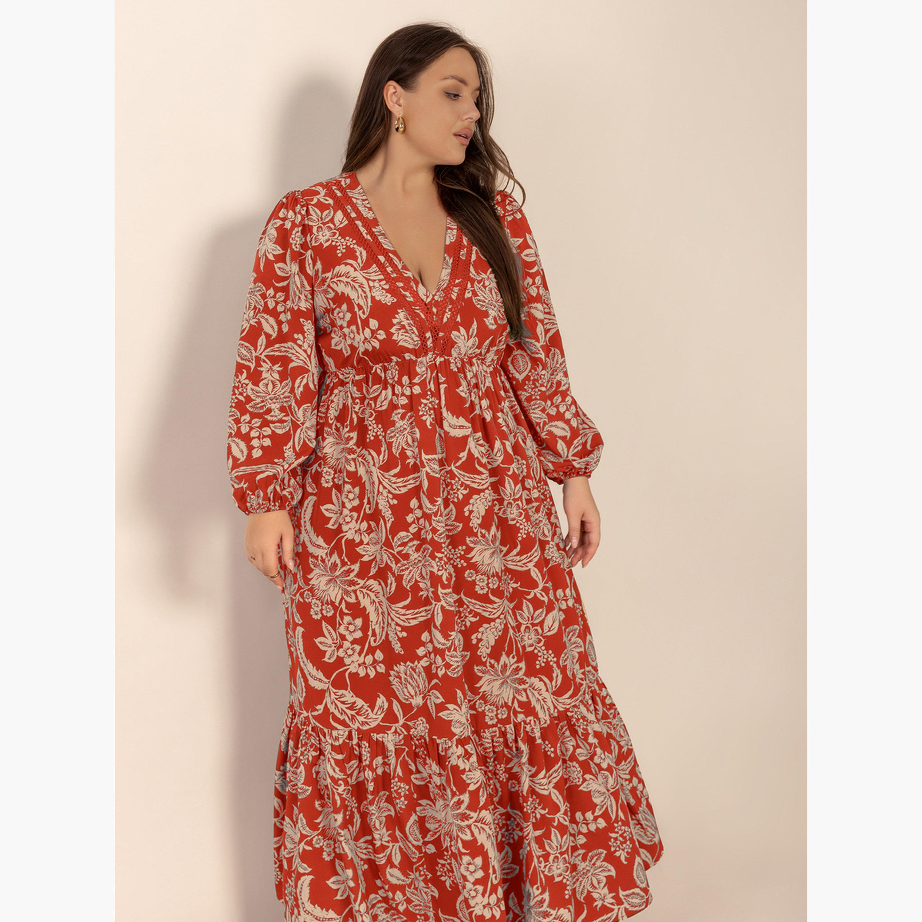 فستان طويل بحافة واسعة بمقاس كبير وطبعة أزهار-women-clothing-dresses-image-3