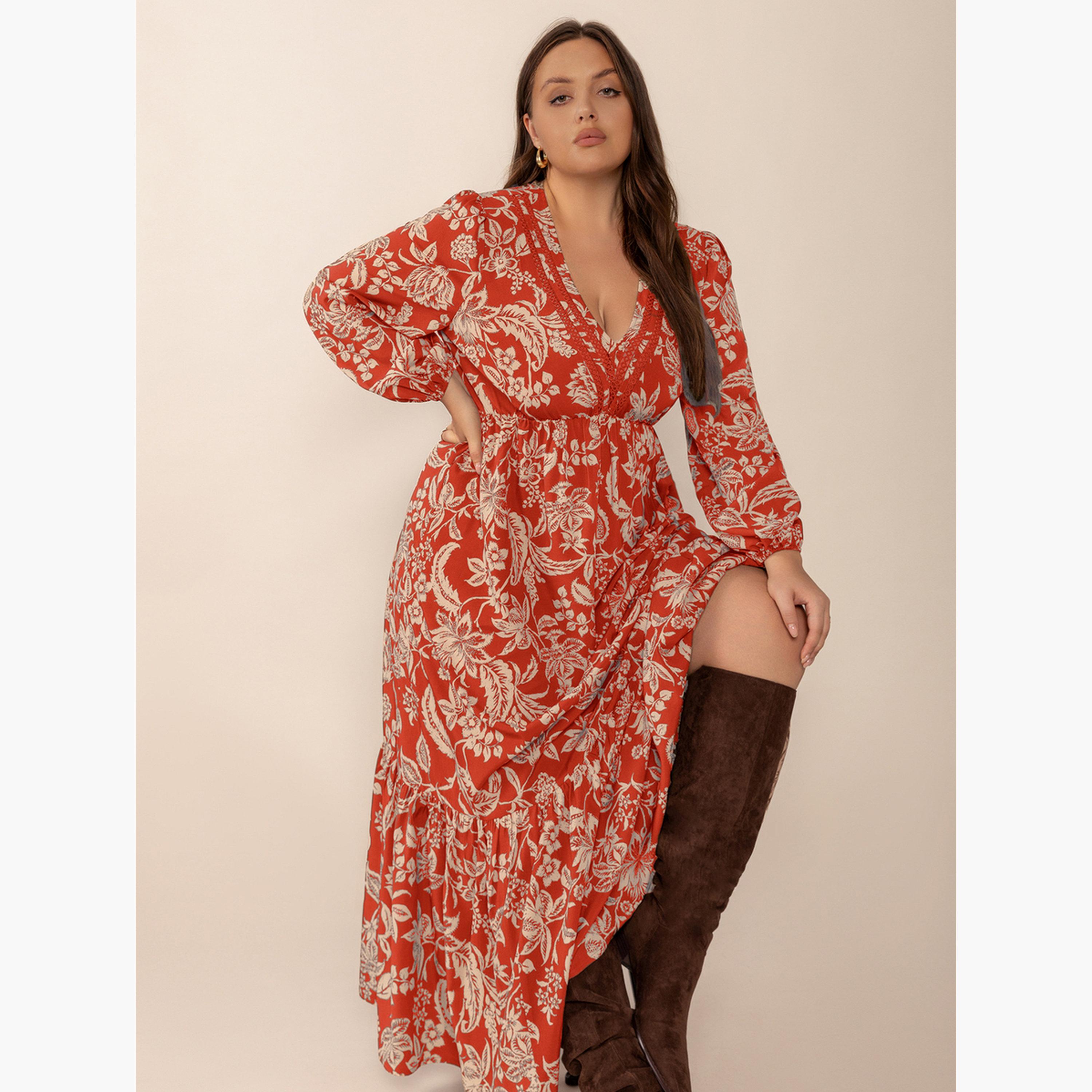 فستان طويل بحافة واسعة بمقاس كبير وطبعة أزهار-women-clothing-dresses-image-5