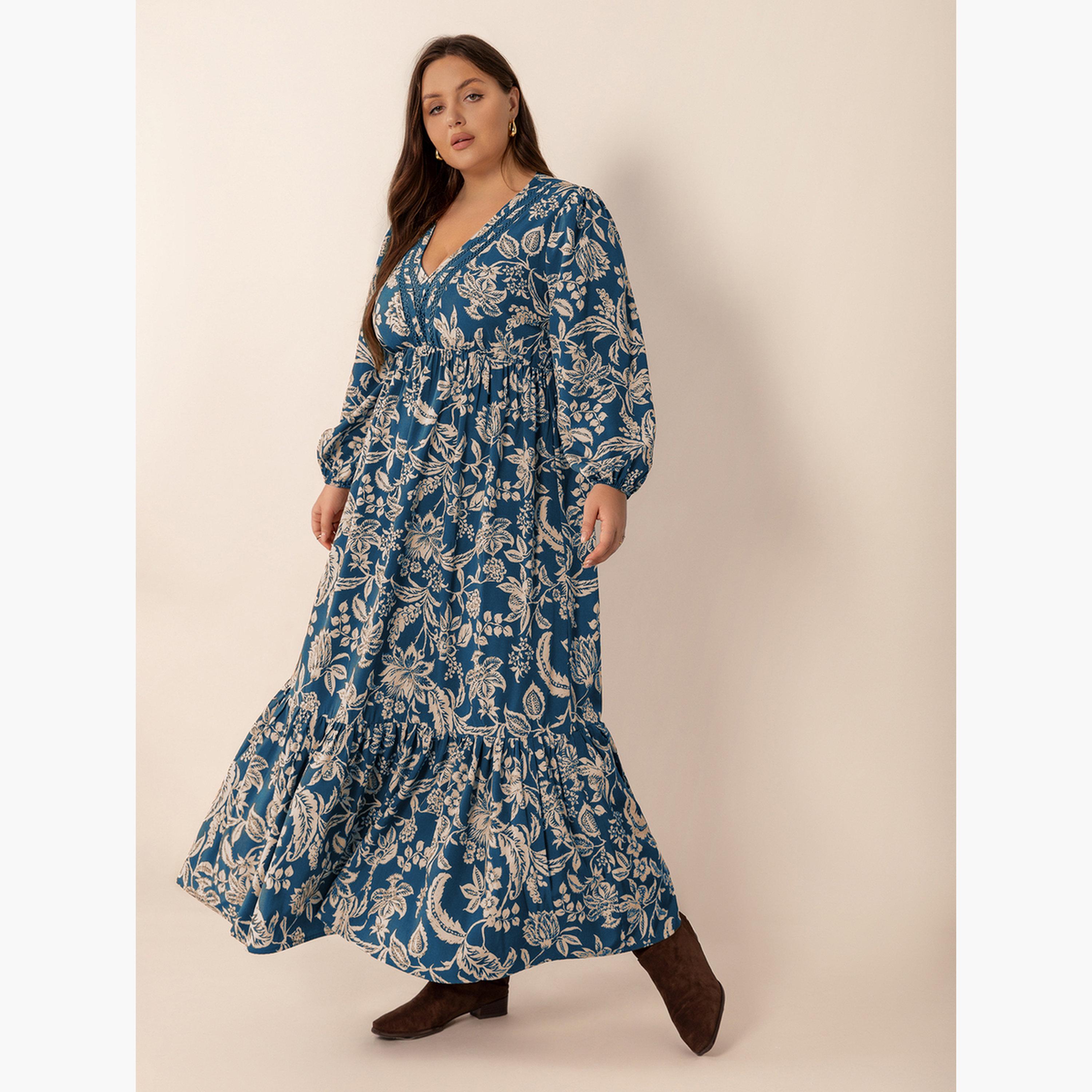 فستان طويل بحافة واسعة بمقاس كبير وطبعة أزهار-women-clothing-dresses-image-1
