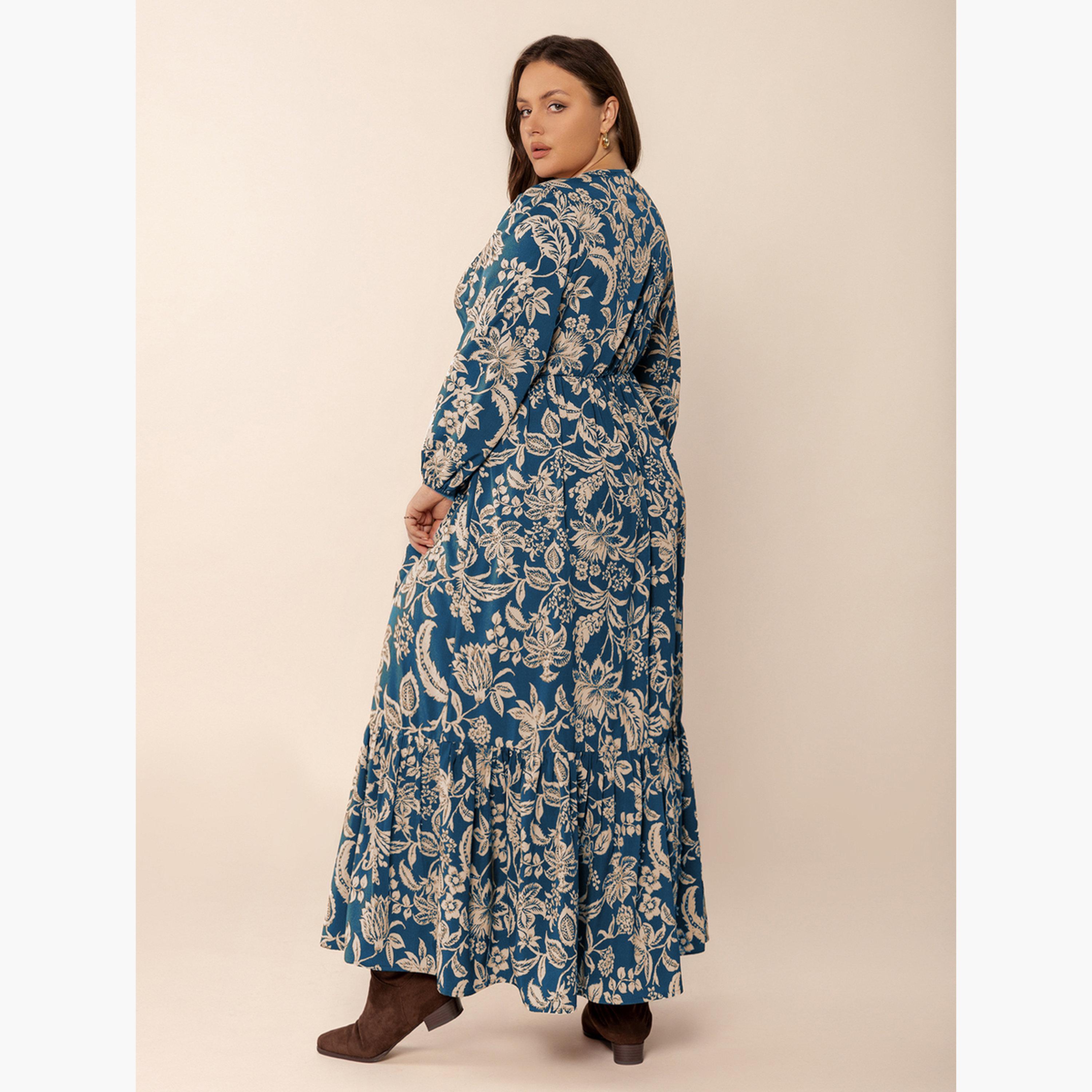 فستان طويل بحافة واسعة بمقاس كبير وطبعة أزهار-women-clothing-dresses-image-2