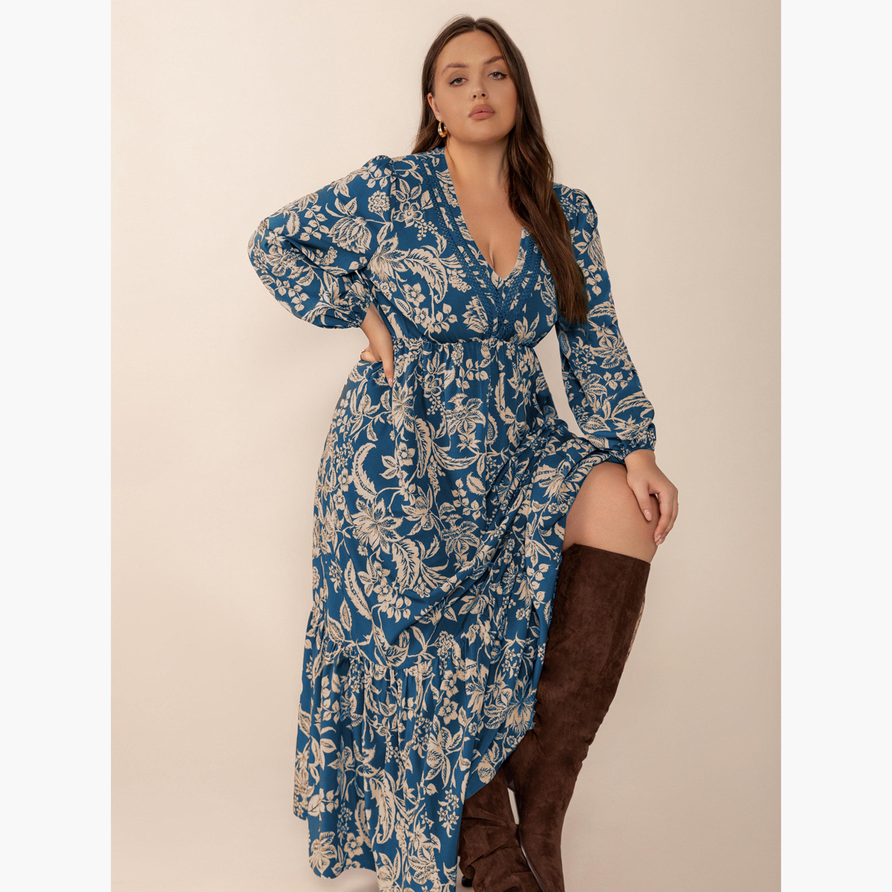 فستان طويل بحافة واسعة بمقاس كبير وطبعة أزهار-women-clothing-dresses-image-4