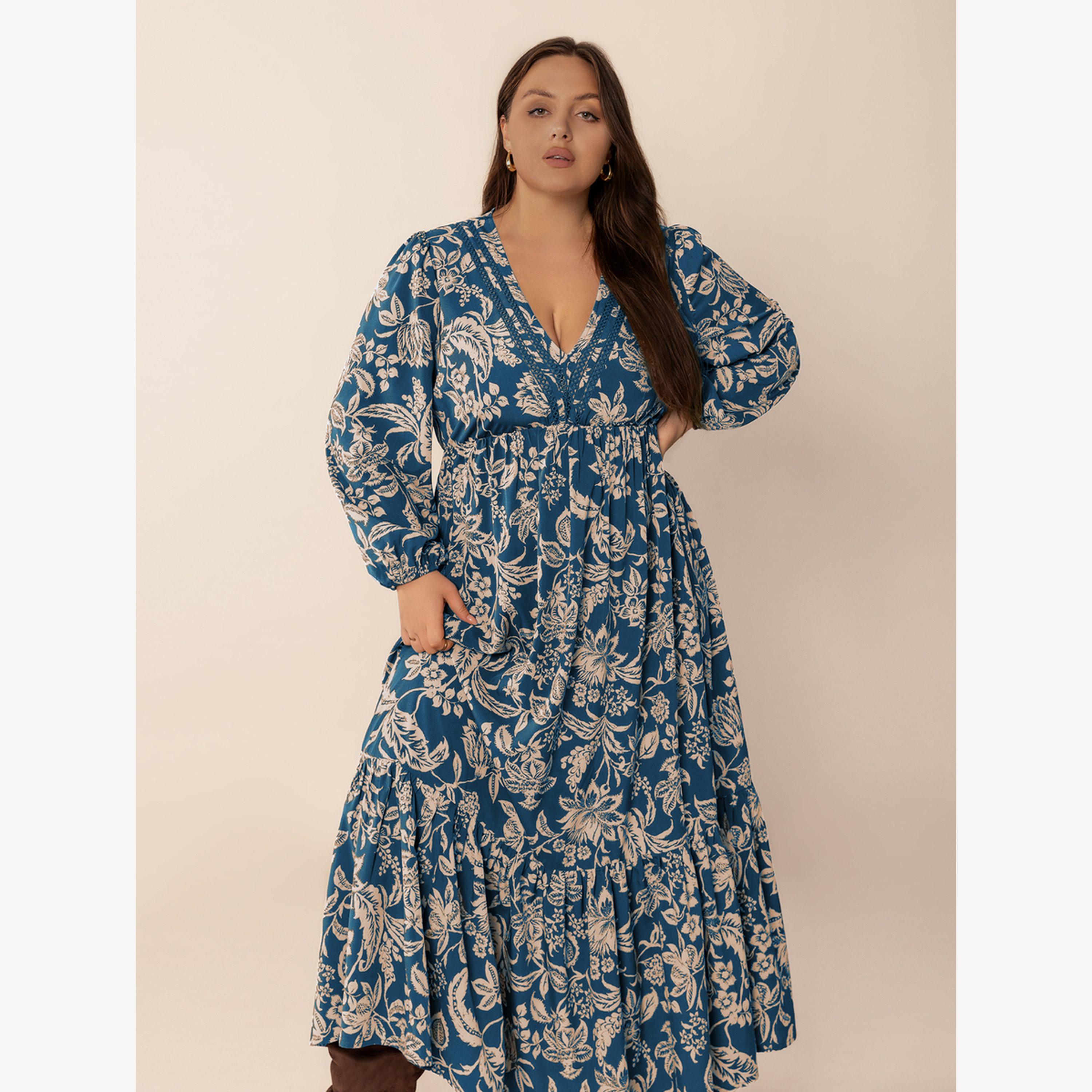 فستان طويل بحافة واسعة بمقاس كبير وطبعة أزهار-women-clothing-dresses-image-5