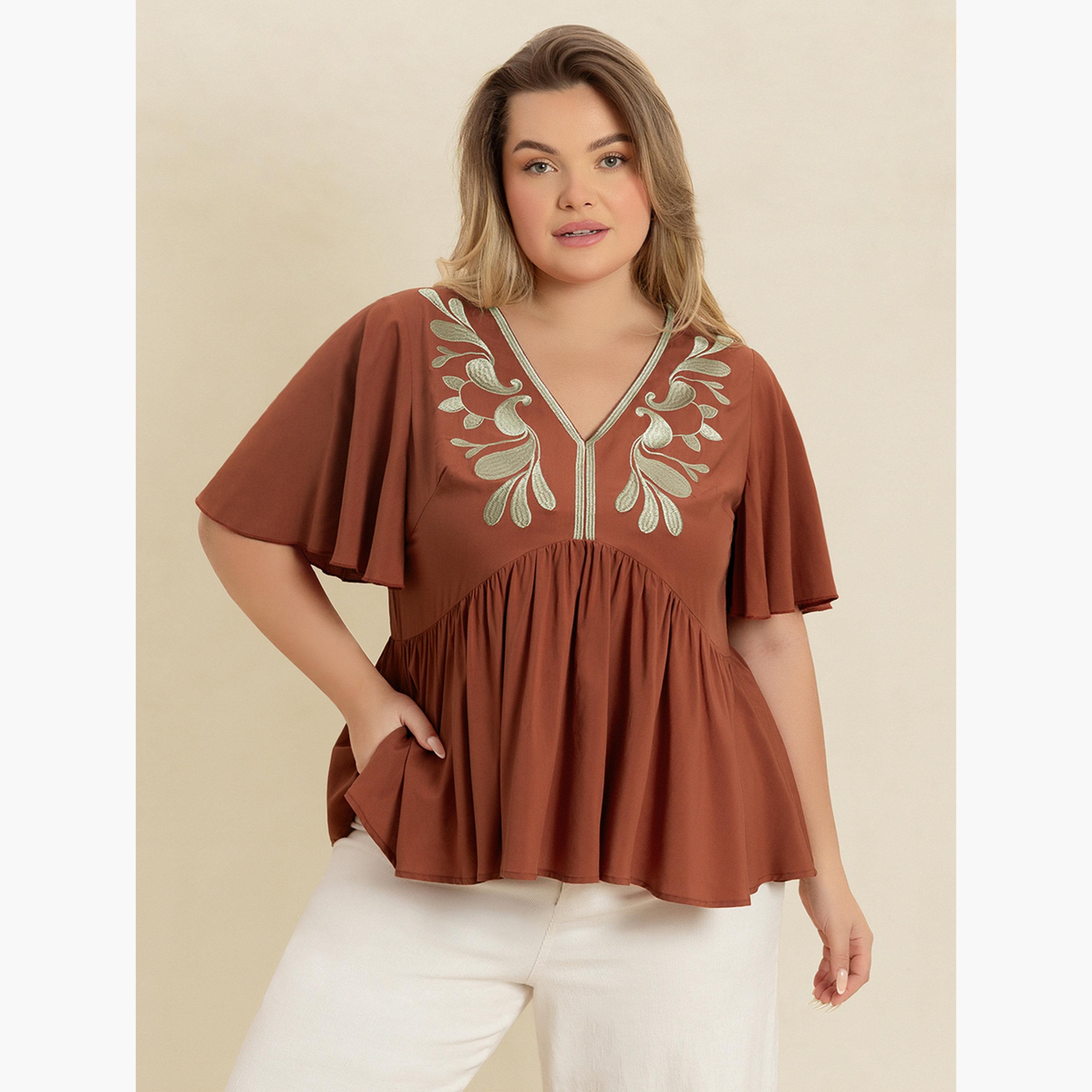 Take Two  Plus Size Embroidered Short Sleeve Top-women-clothing-plussize-shirtsandblouses-blouses-image-1