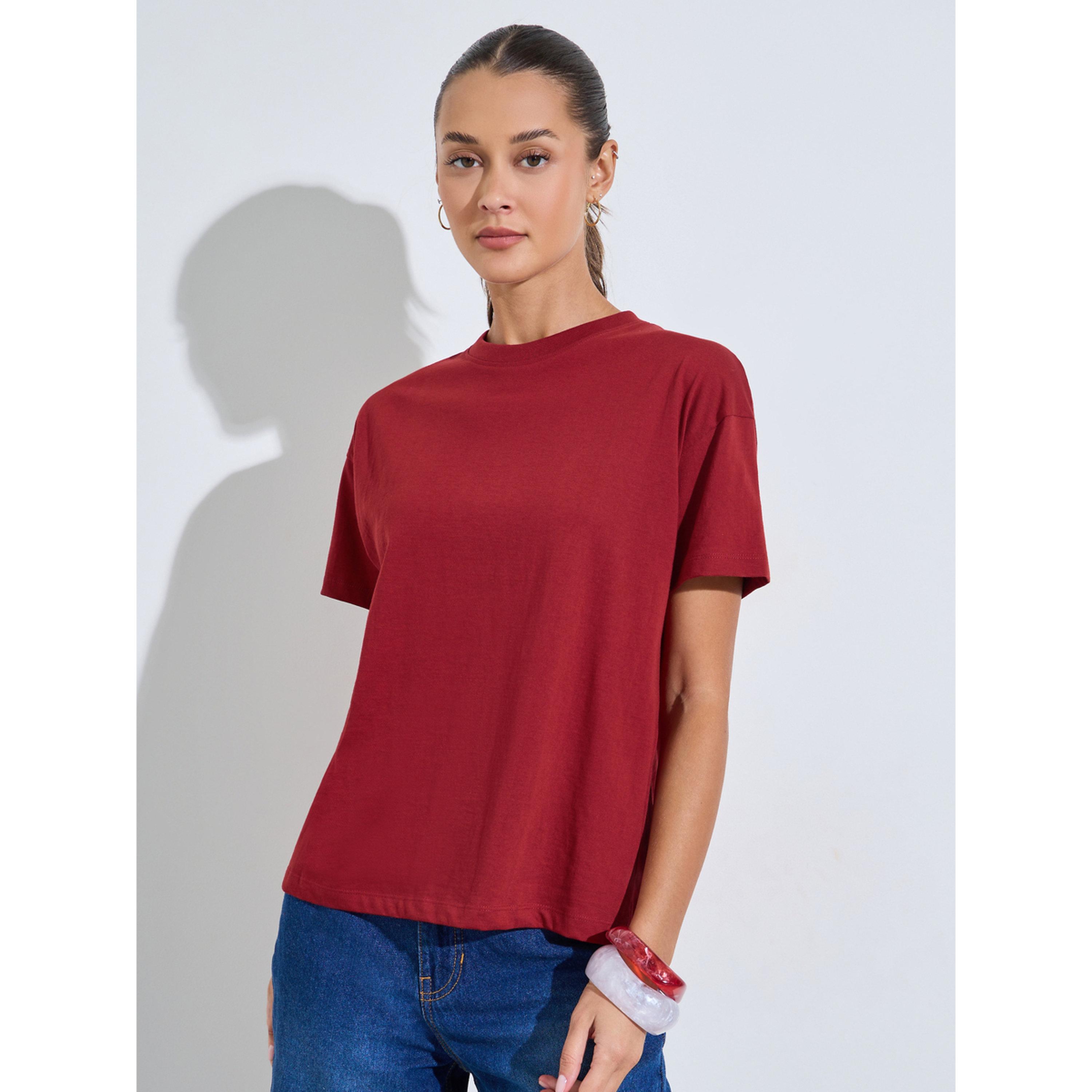 Styli Burgundy Solid Round neck Short Sleeves Boxy Fit T-Shirt-women-clothing-tshirts-image-1