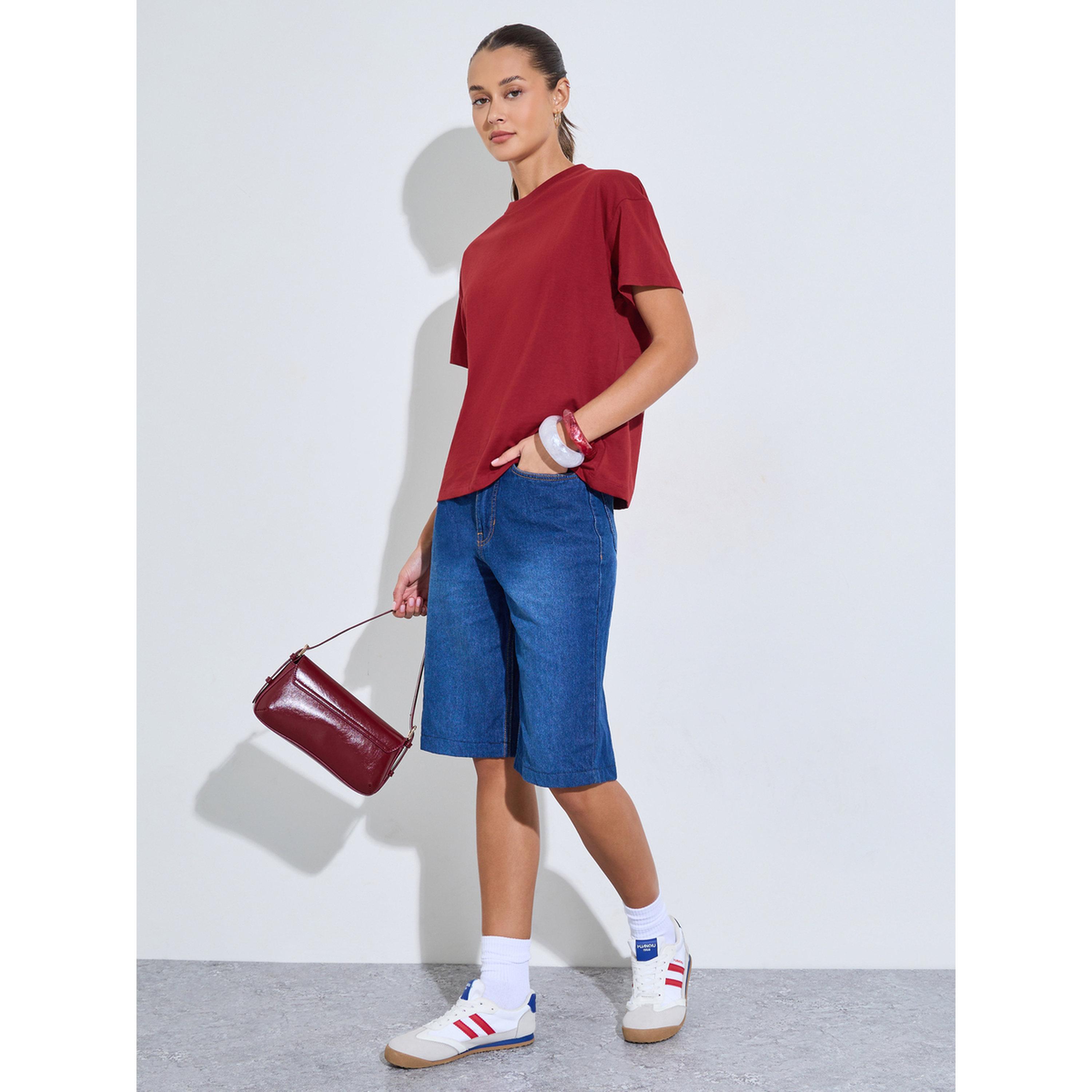 Styli Burgundy Solid Round neck Short Sleeves Boxy Fit T-Shirt-women-clothing-tshirts-image-2