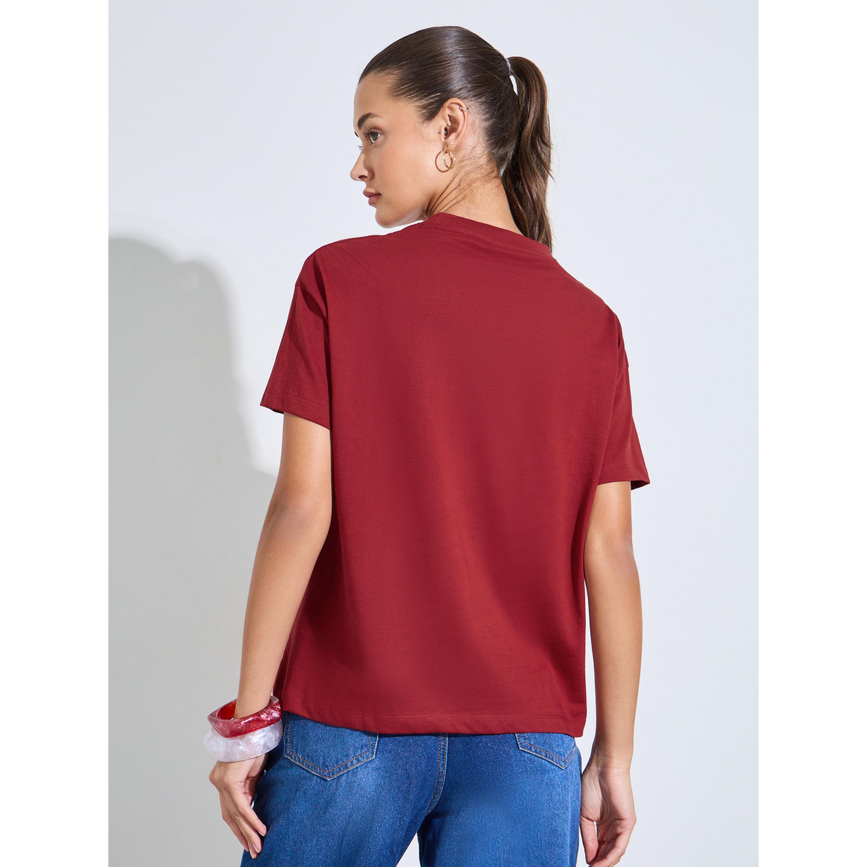تيشيرت سادة بقصة بوكسي وأكمام قصيرة وياقة دائرية-women-clothing-tshirts-image-3
