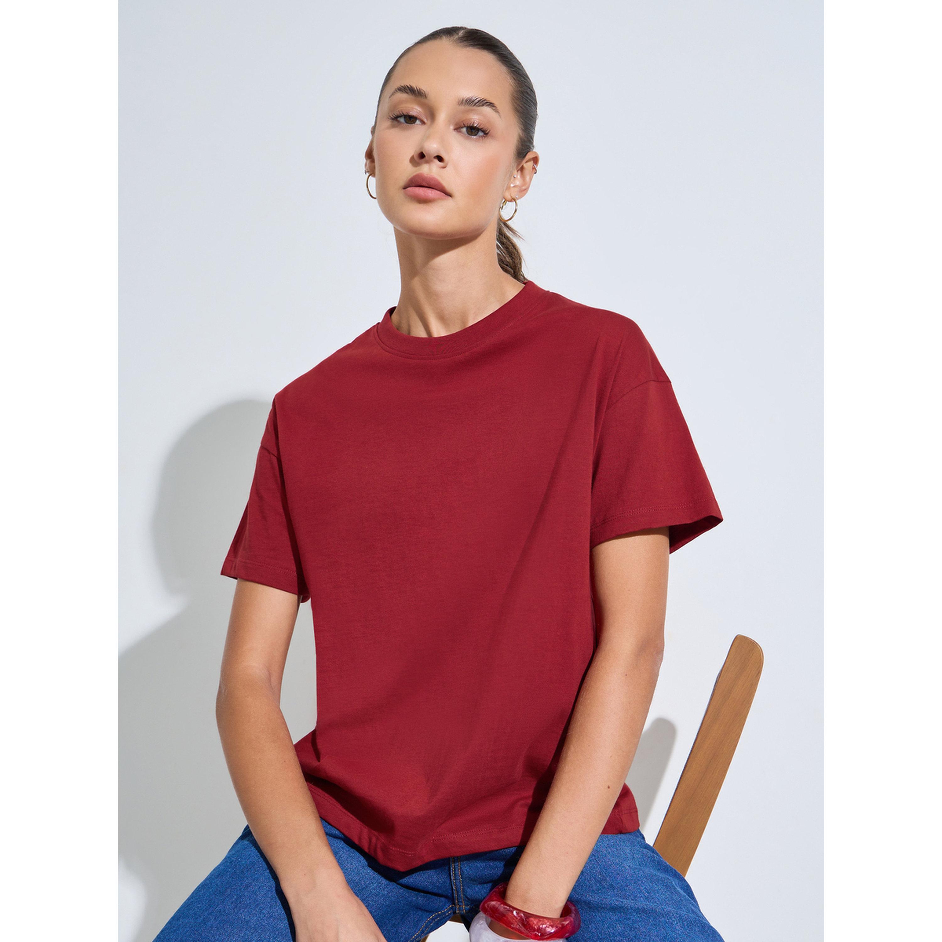 Styli Burgundy Solid Round neck Short Sleeves Boxy Fit T-Shirt-women-clothing-tshirts-image-4