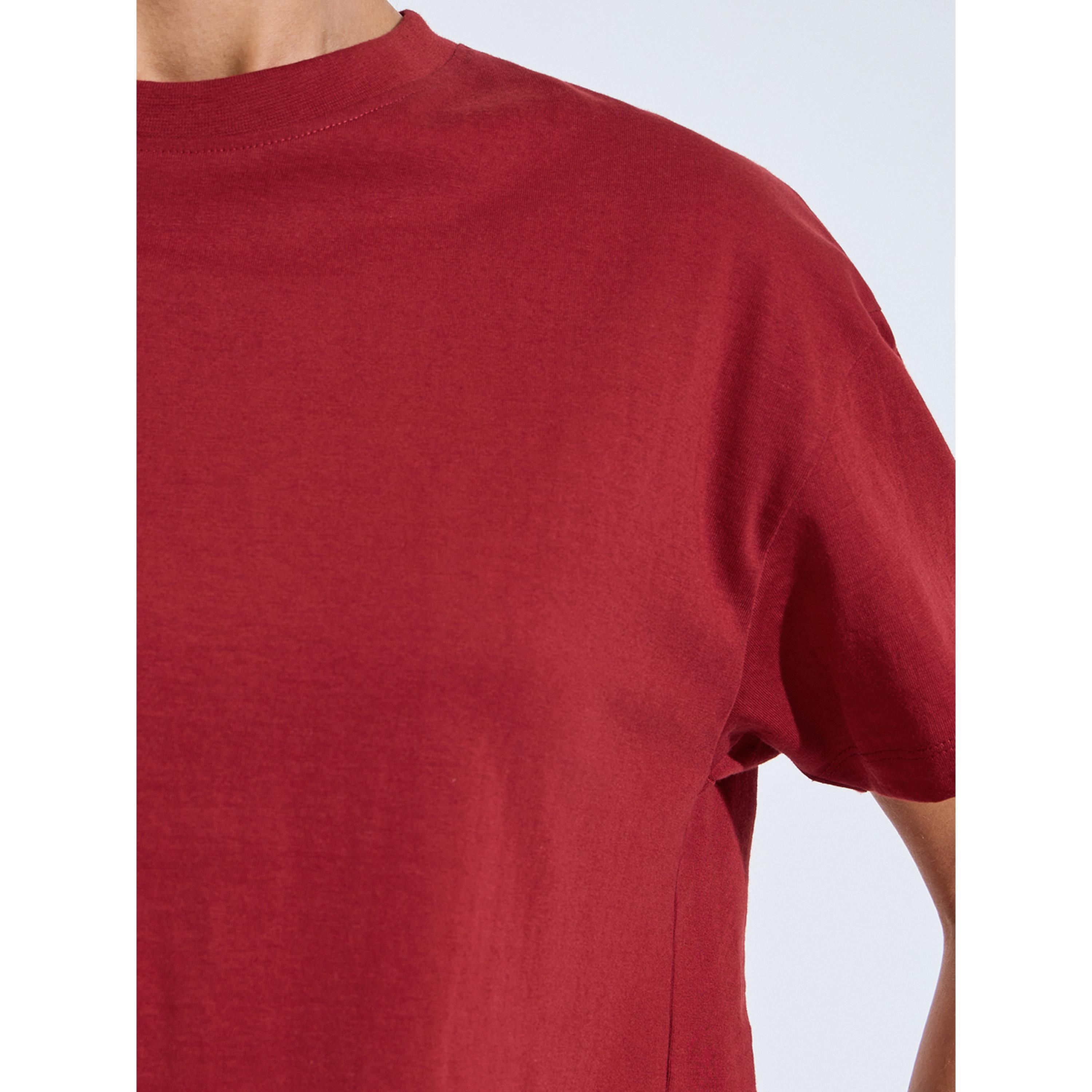 Styli Burgundy Solid Round neck Short Sleeves Boxy Fit T-Shirt-women-clothing-tshirts-image-5