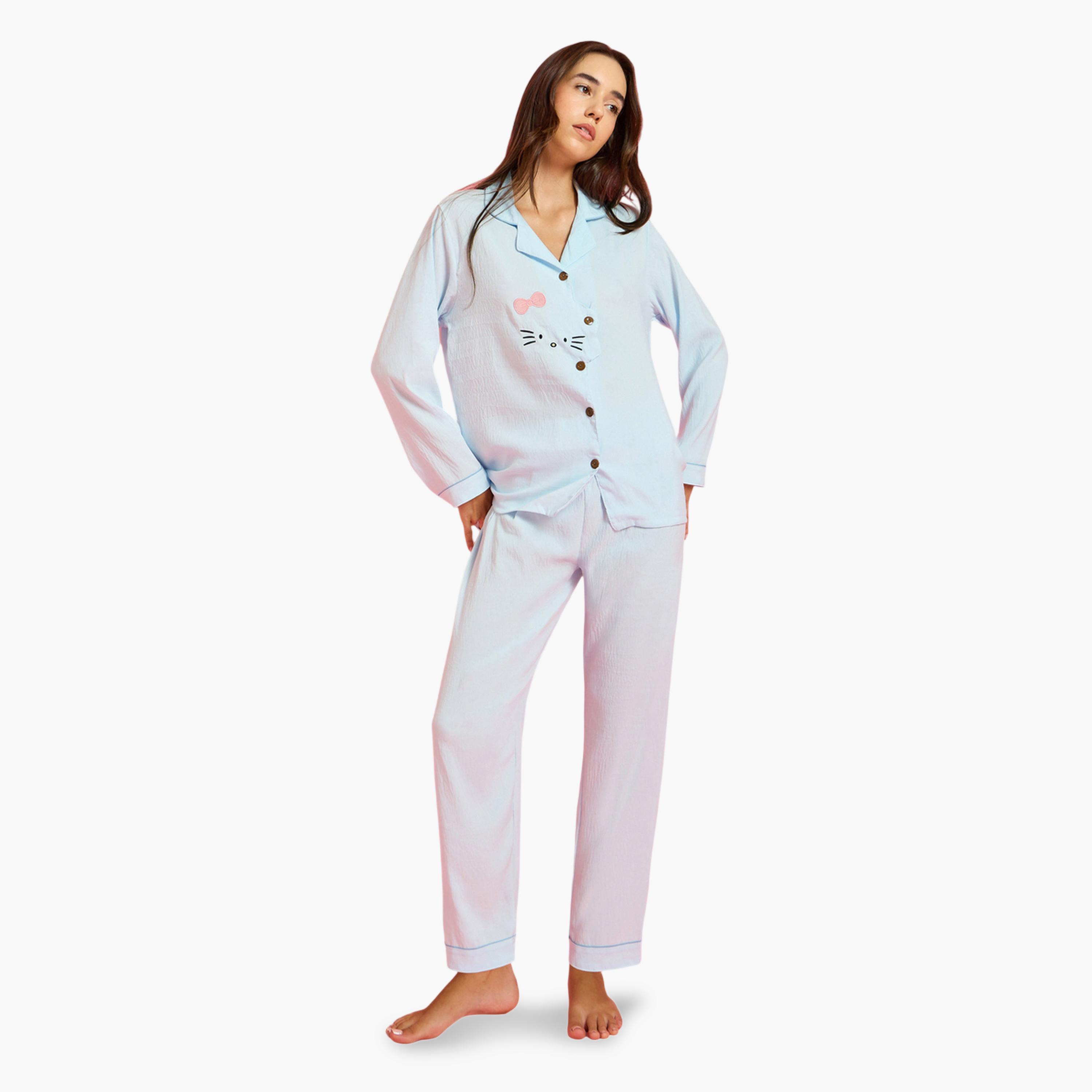 طقم بيجاما وقميص بطبعة قطة جرافيك-women-clothing-nightwear-pyjamas-longsets-image-1