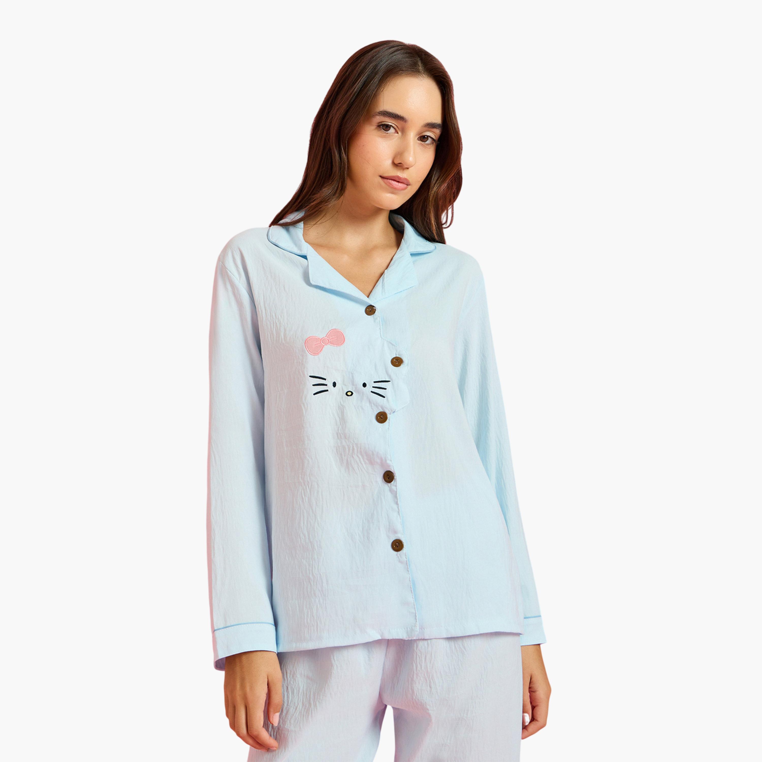 طقم بيجاما وقميص بطبعة قطة جرافيك-women-clothing-nightwear-pyjamas-longsets-image-2