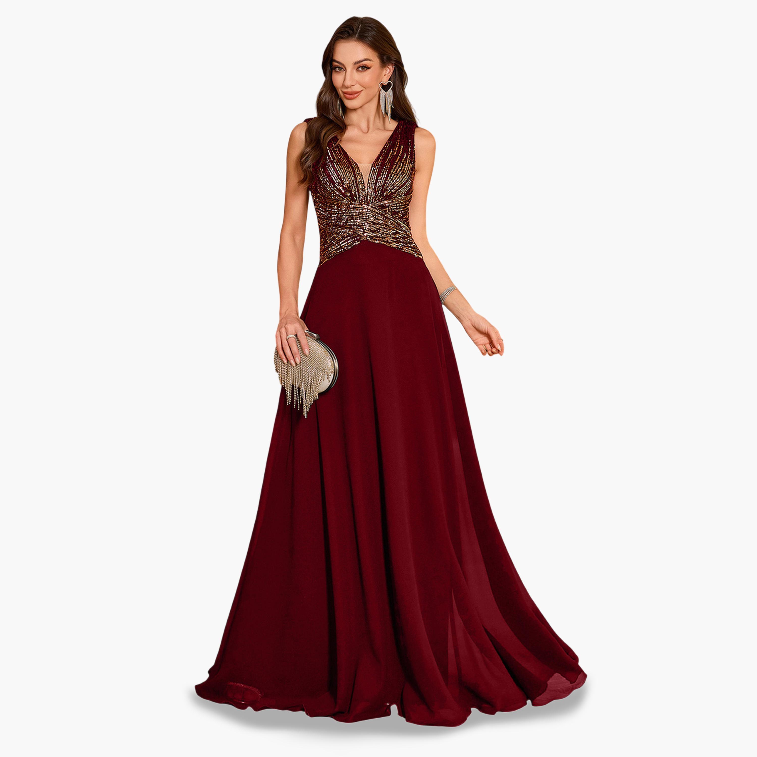 UNITHORSE X Styli Burgundy Sequin A-Line Maxi Evening Dress-women-clothing-dresses-image-1