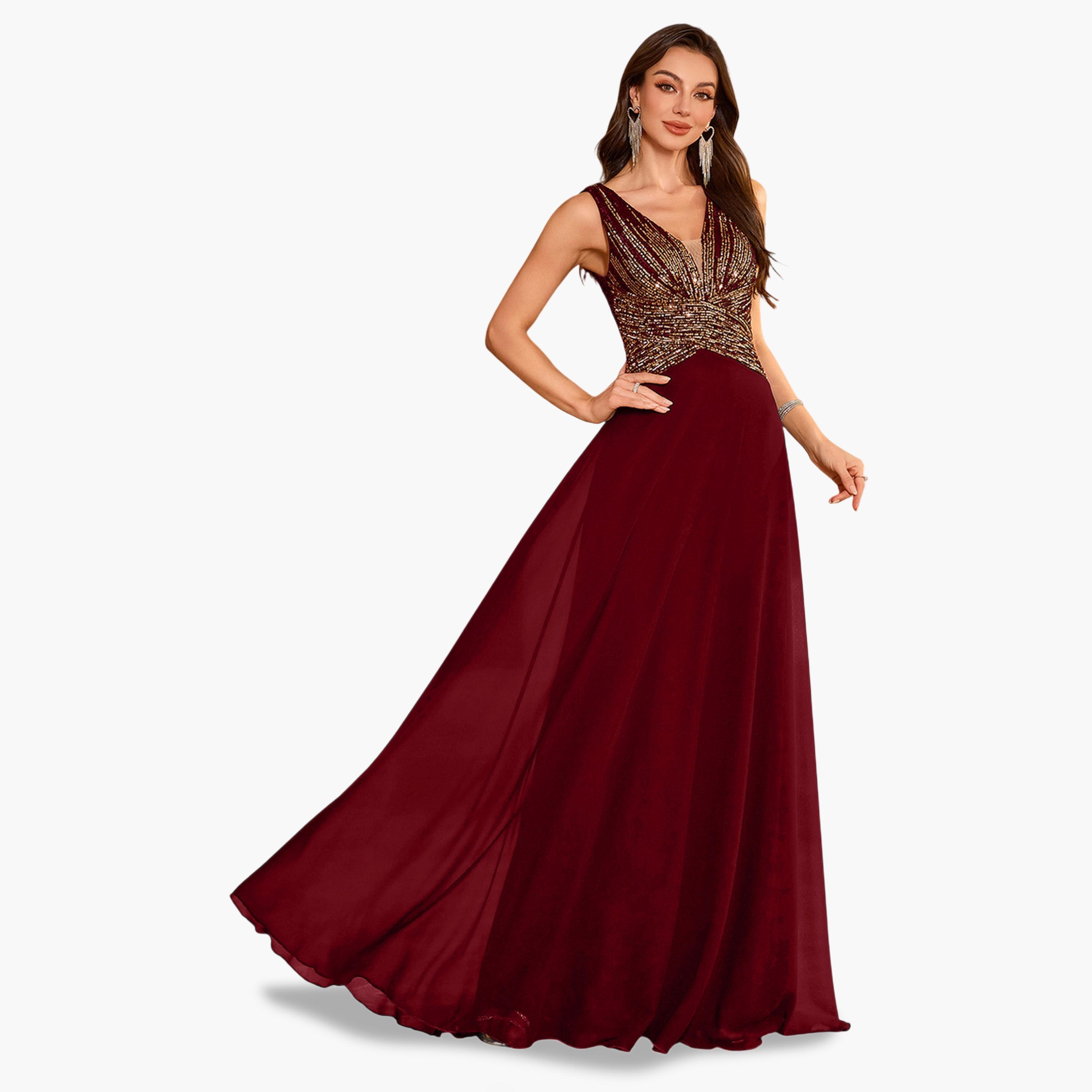UNITHORSE X Styli Burgundy Sequin A-Line Maxi Evening Dress-women-clothing-dresses-image-5