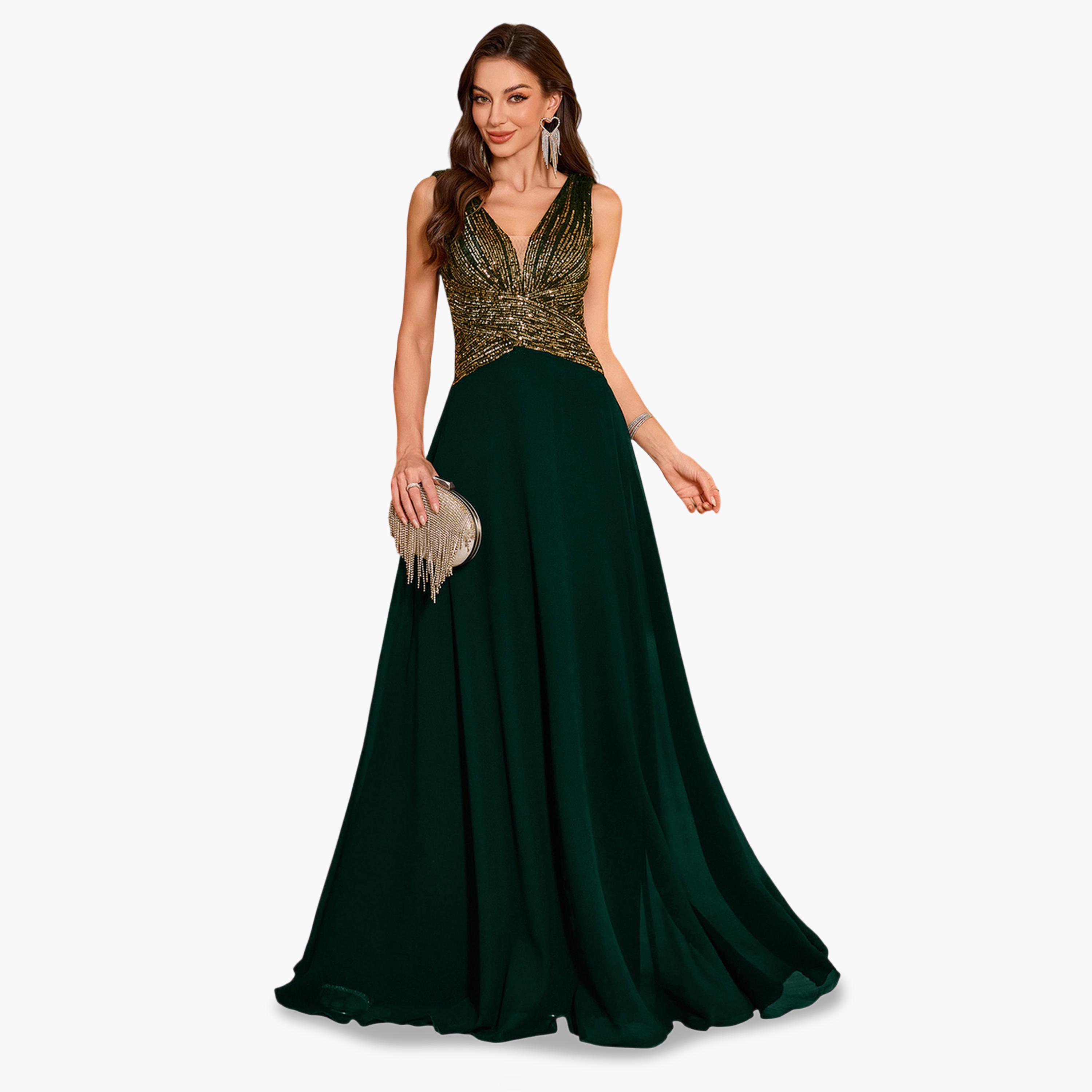 UNITHORSE X Styli Dark Green Sequin A-Line Maxi Evening Dress-women-clothing-dresses-image-1