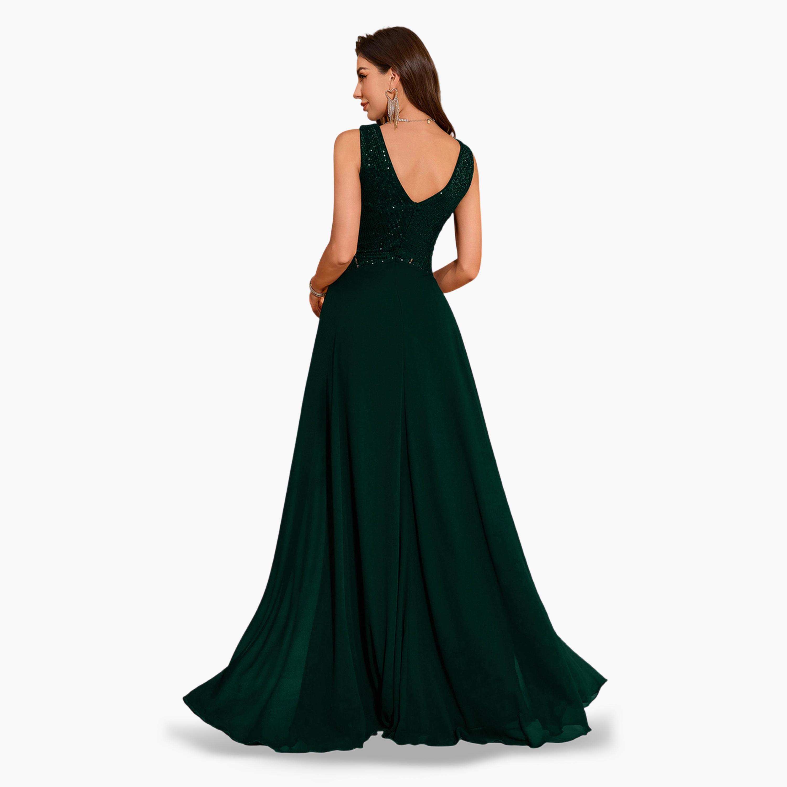 UNITHORSE X Styli Dark Green Sequin A-Line Maxi Evening Dress-women-clothing-dresses-image-2