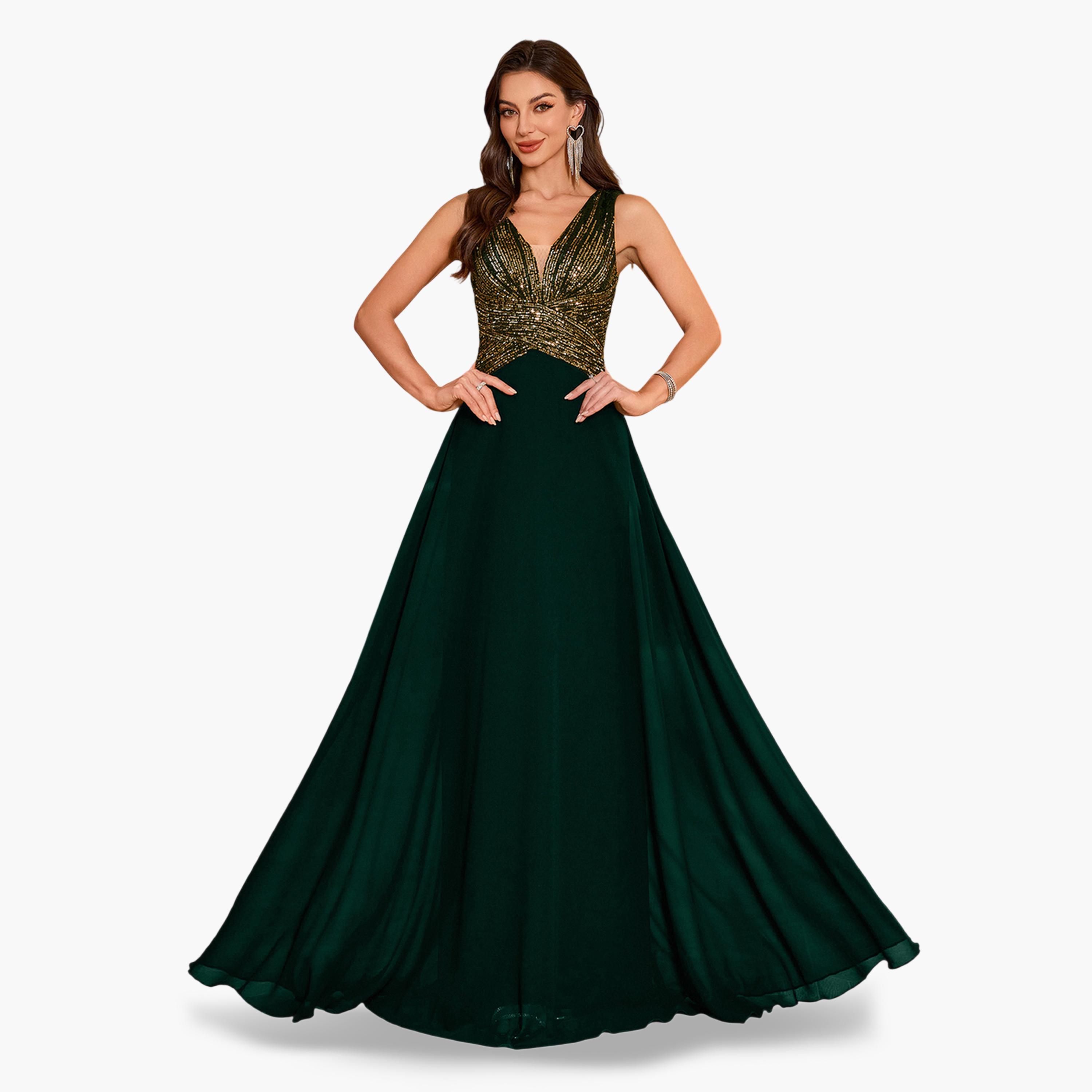 UNITHORSE X Styli Dark Green Sequin A-Line Maxi Evening Dress-women-clothing-dresses-image-3