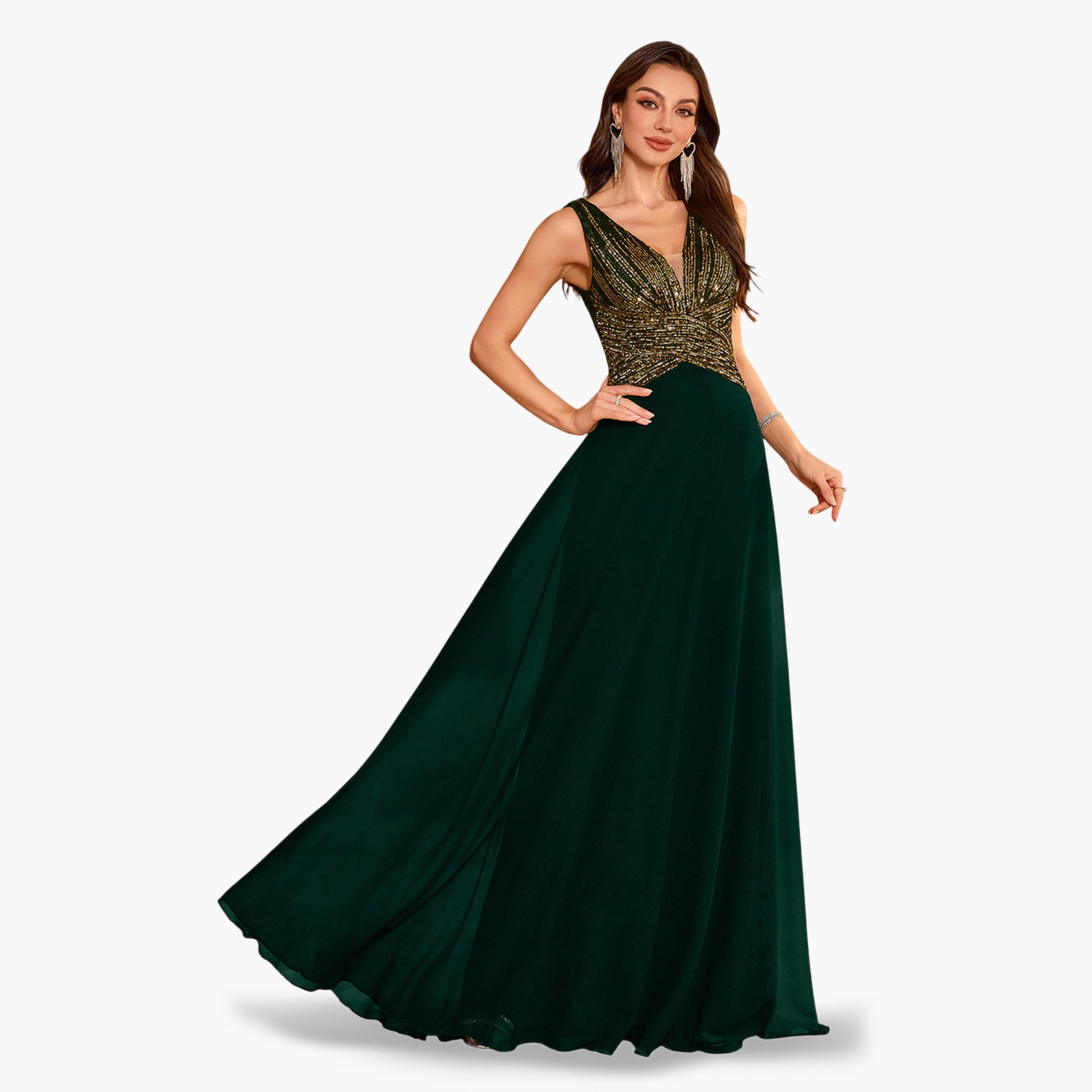 UNITHORSE X Styli Dark Green Sequin A-Line Maxi Evening Dress-women-clothing-dresses-image-4