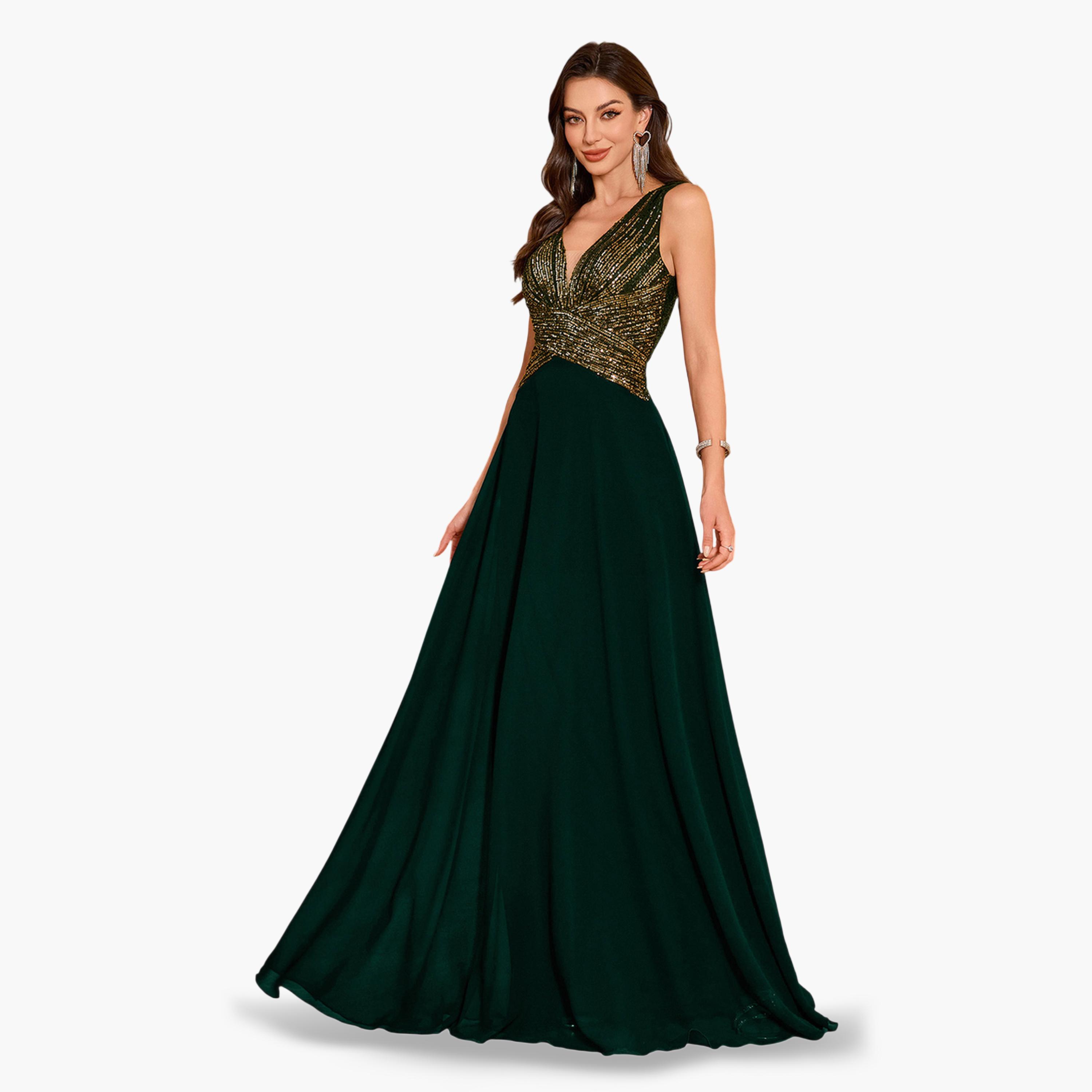 UNITHORSE X Styli Dark Green Sequin A-Line Maxi Evening Dress-women-clothing-dresses-image-5