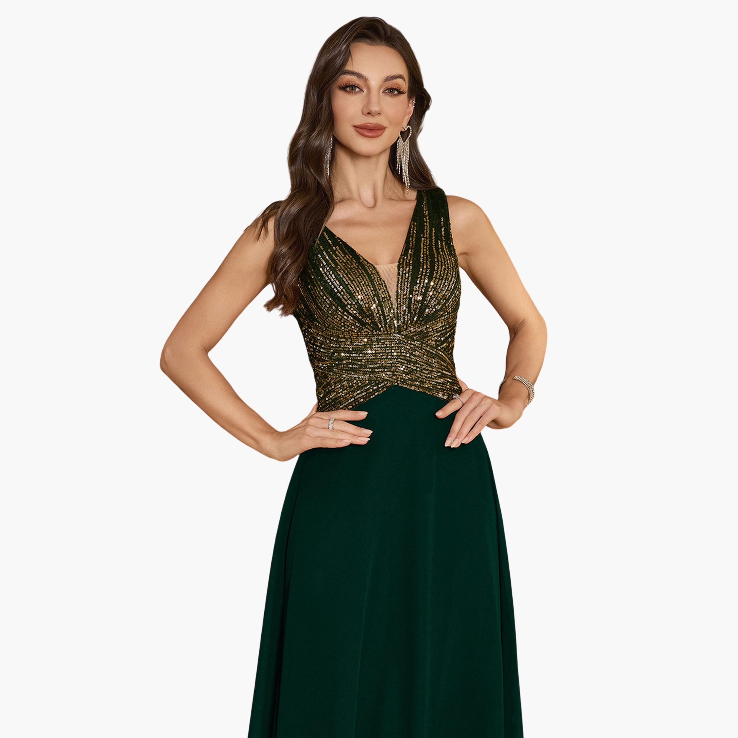 UNITHORSE X Styli Dark Green Sequin A-Line Maxi Evening Dress-women-clothing-dresses-image-6