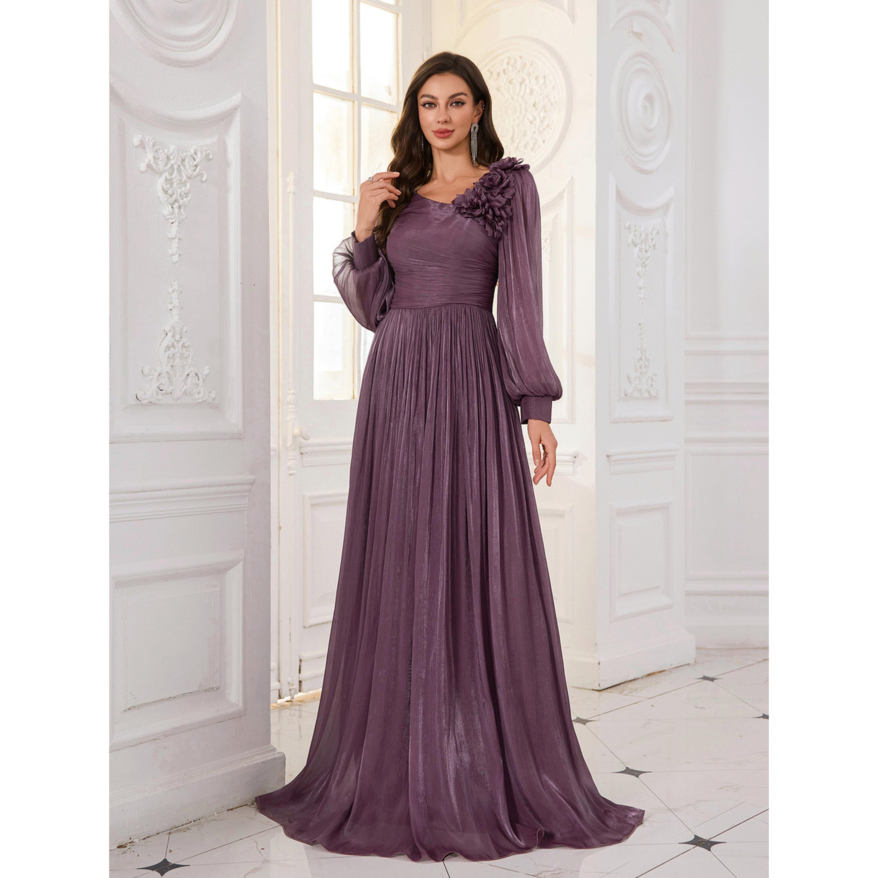 فستان سهرة طويل بليسيه بتفاصيل زهور ثلاثية الأبعاد-women-clothing-dresses-image-1