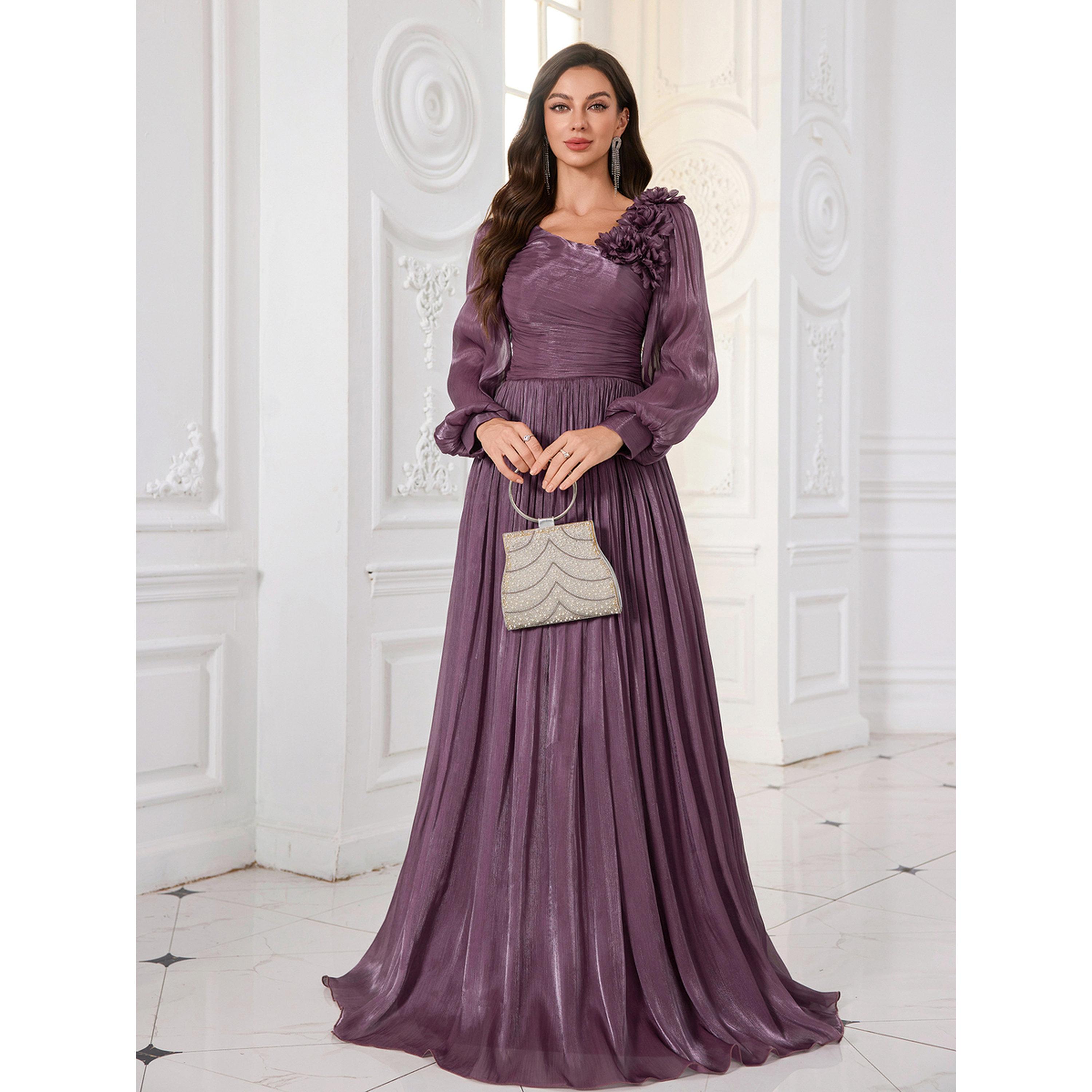 فستان سهرة طويل بليسيه بتفاصيل زهور ثلاثية الأبعاد-women-clothing-dresses-image-2