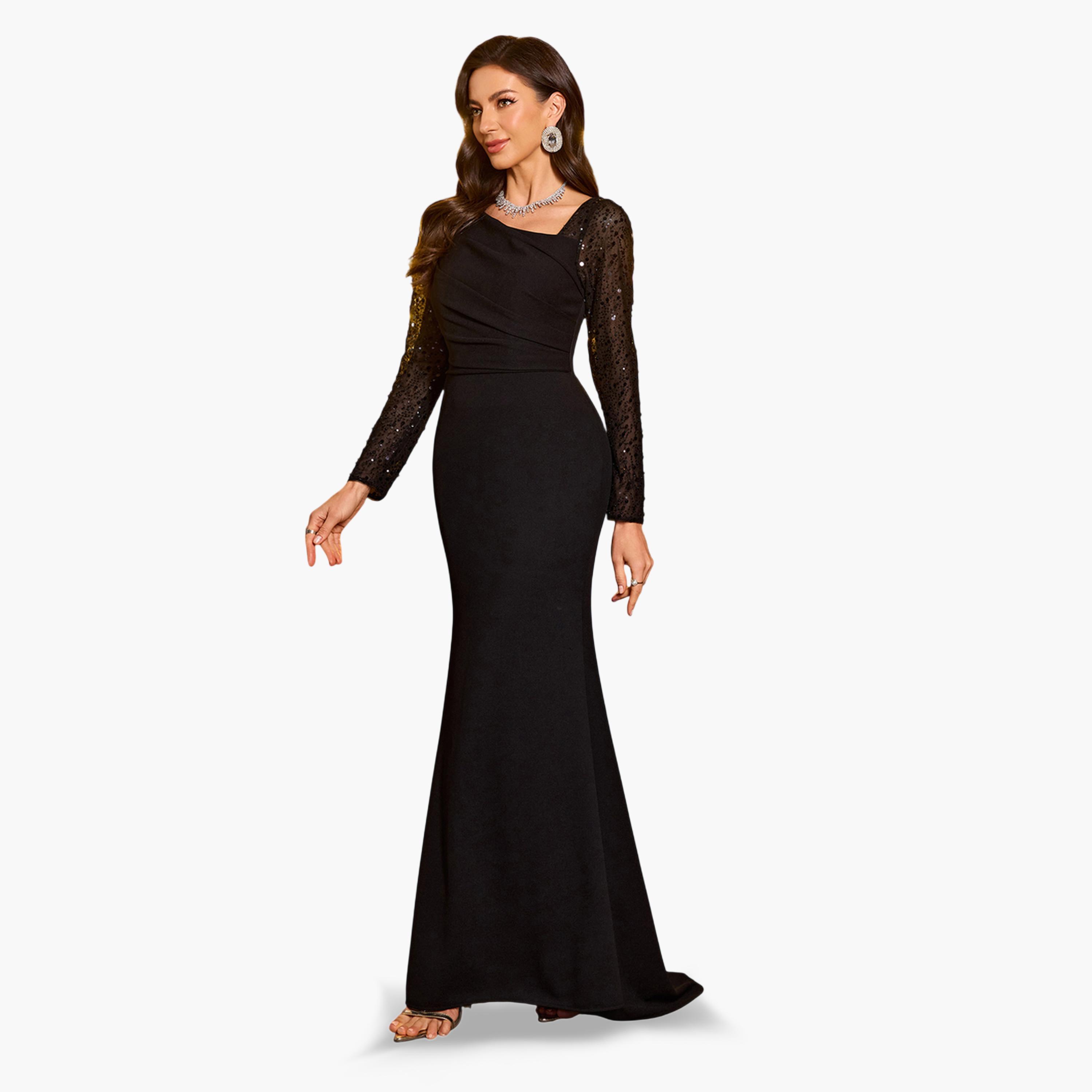 UNITHORSE X Styli Black Embellished Sleeve Maxi Evening Dress-women-clothing-dresses-image-2