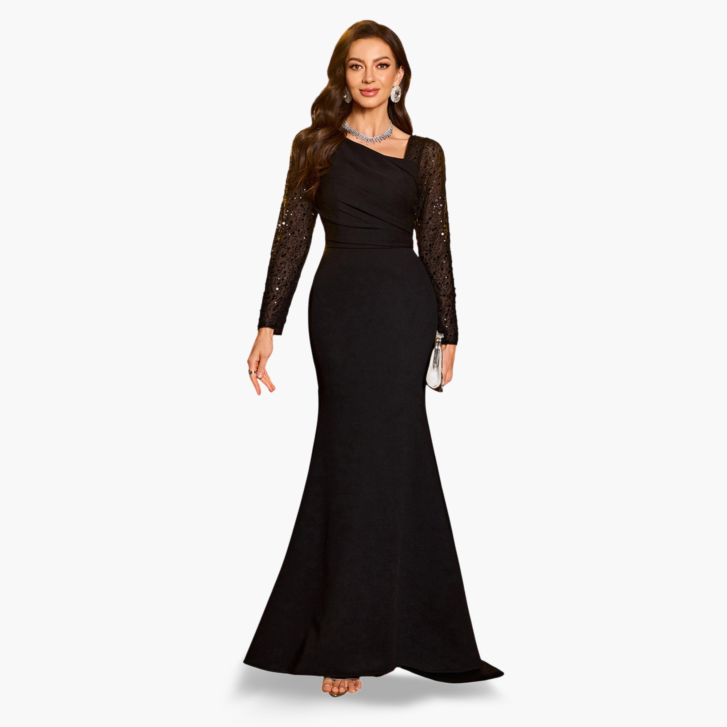 UNITHORSE X Styli Black Embellished Sleeve Maxi Evening Dress-women-clothing-dresses-image-3