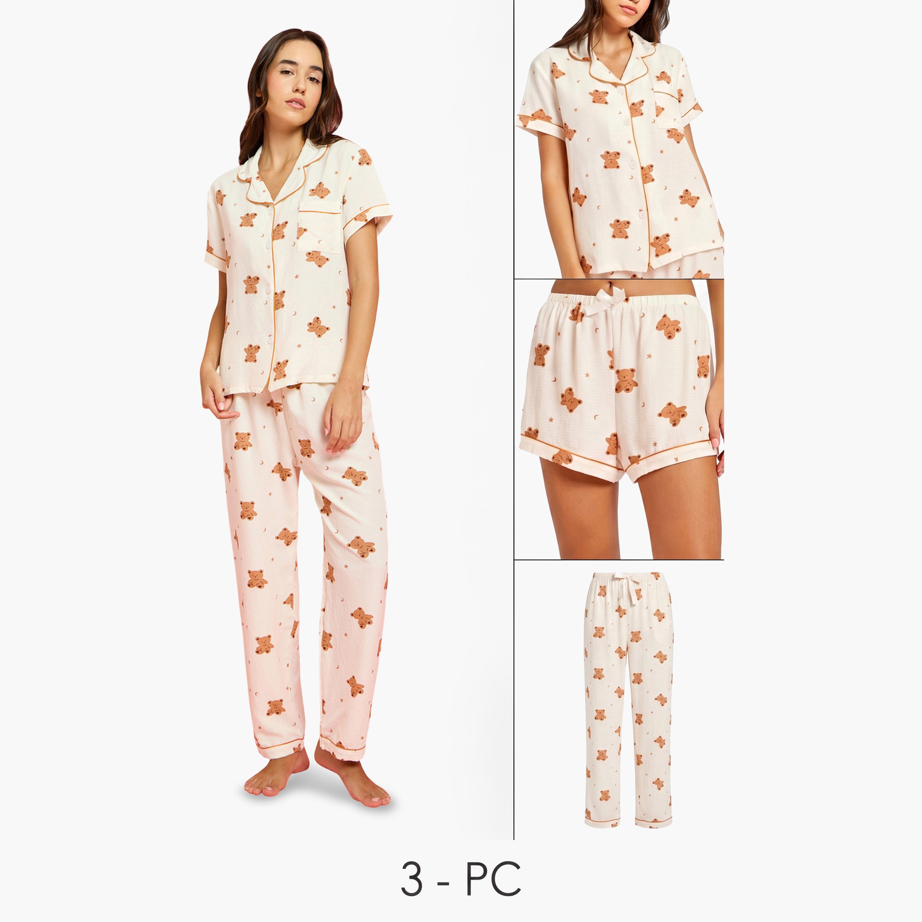 طقم بيجاما من شورت وقميص بطبعة دبدوب 3 قطع-women-clothing-nightwear-pyjamas-longsets-image-1