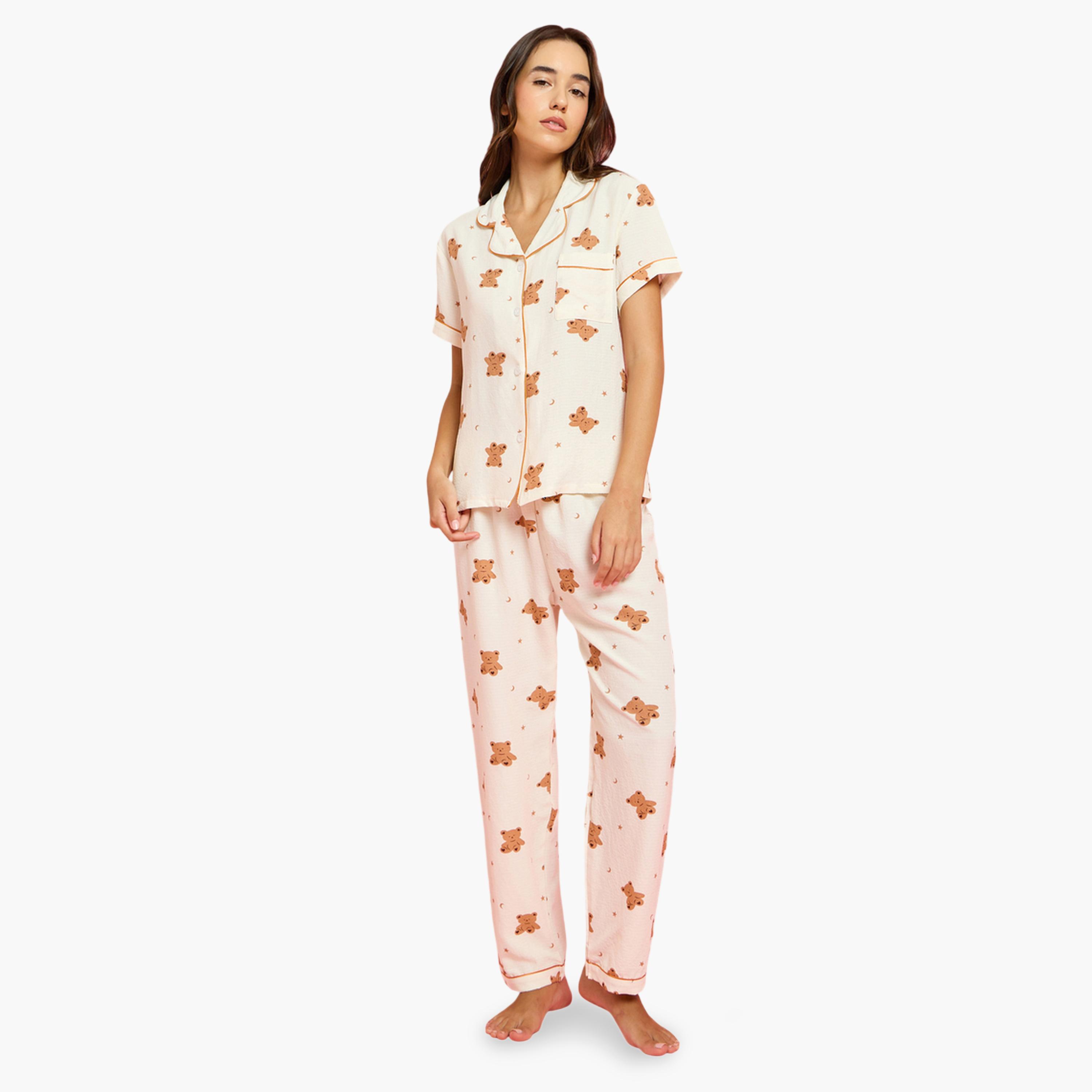 طقم بيجاما من شورت وقميص بطبعة دبدوب 3 قطع-women-clothing-nightwear-pyjamas-longsets-image-3