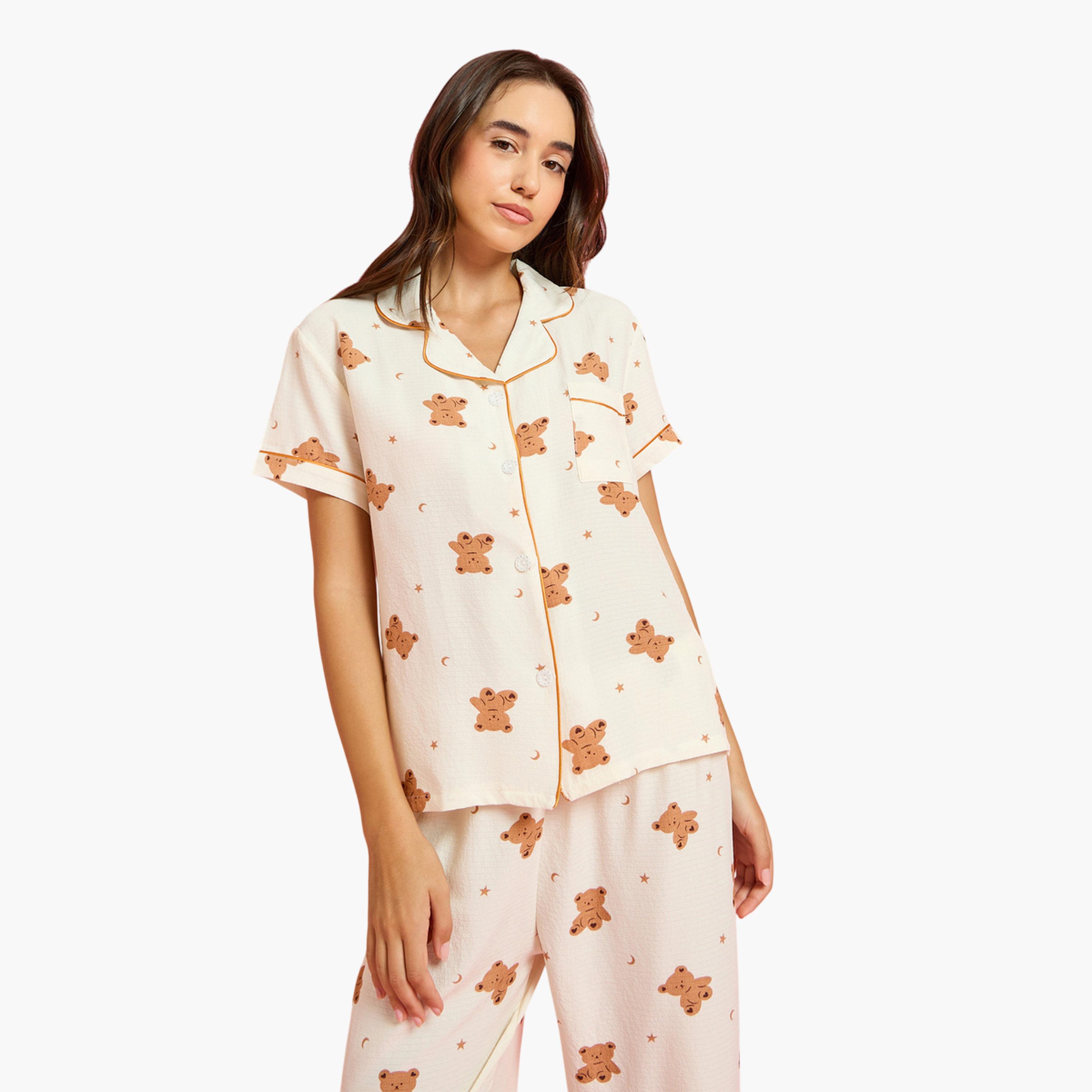 طقم بيجاما من شورت وقميص بطبعة دبدوب 3 قطع-women-clothing-nightwear-pyjamas-longsets-image-5